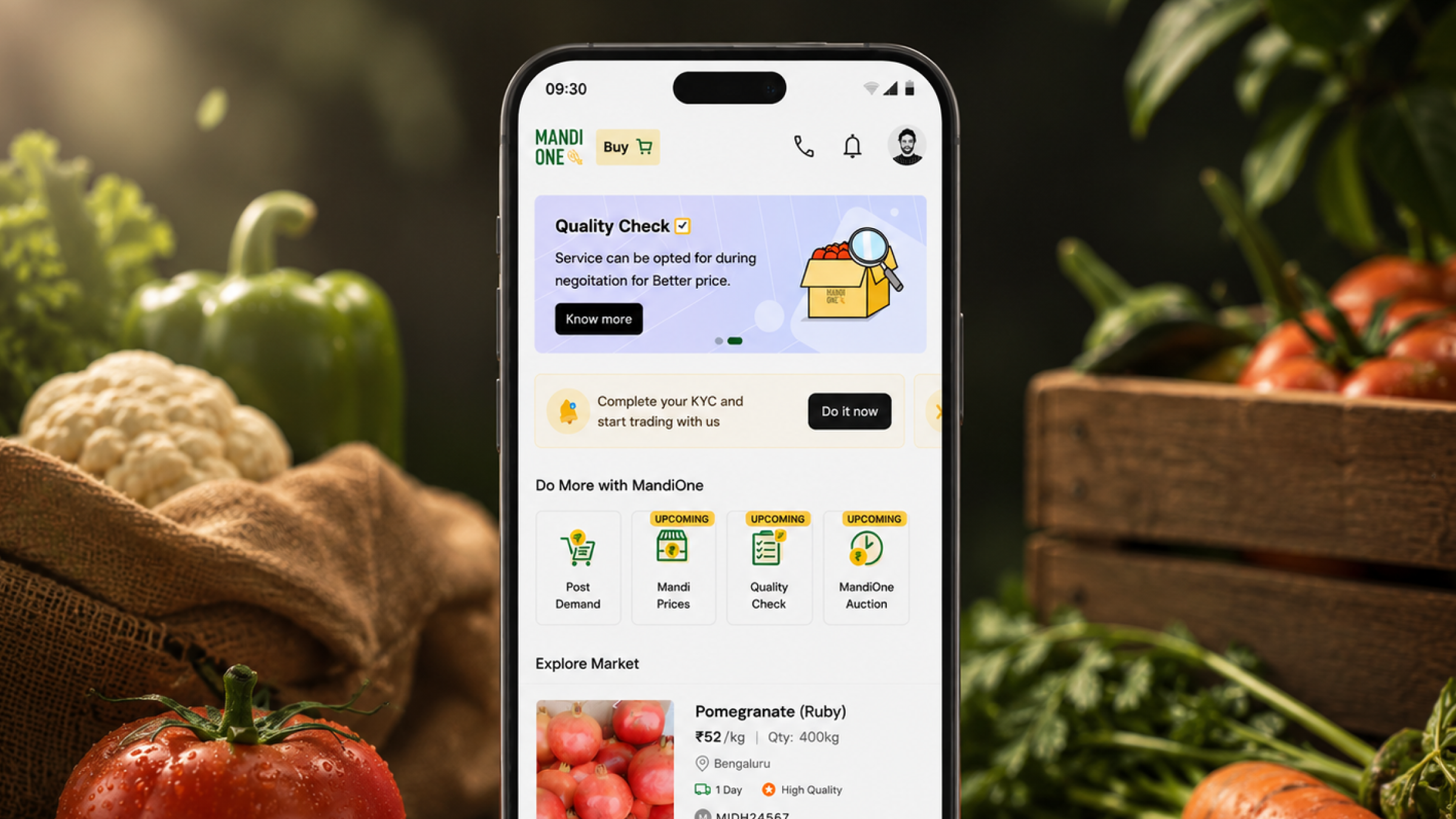 MandiOne mobile app — quality check and marketplace listing screens, held against a backdrop of fresh produce