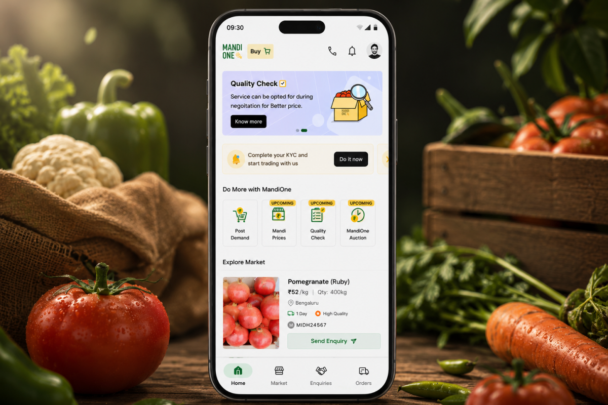 Agri Marketplace — MandiOne mobile app showing marketplace listings and quality check