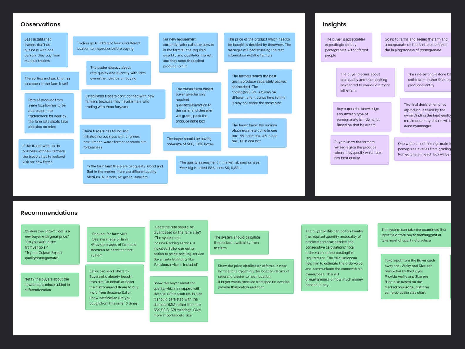 Observations, insights and recommendations board mapping research findings to product direction