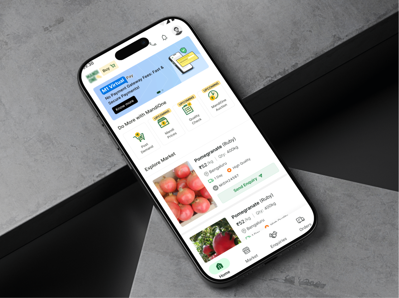 MandiOne home screen — virtual pay banner and Explore Market produce listings on a phone