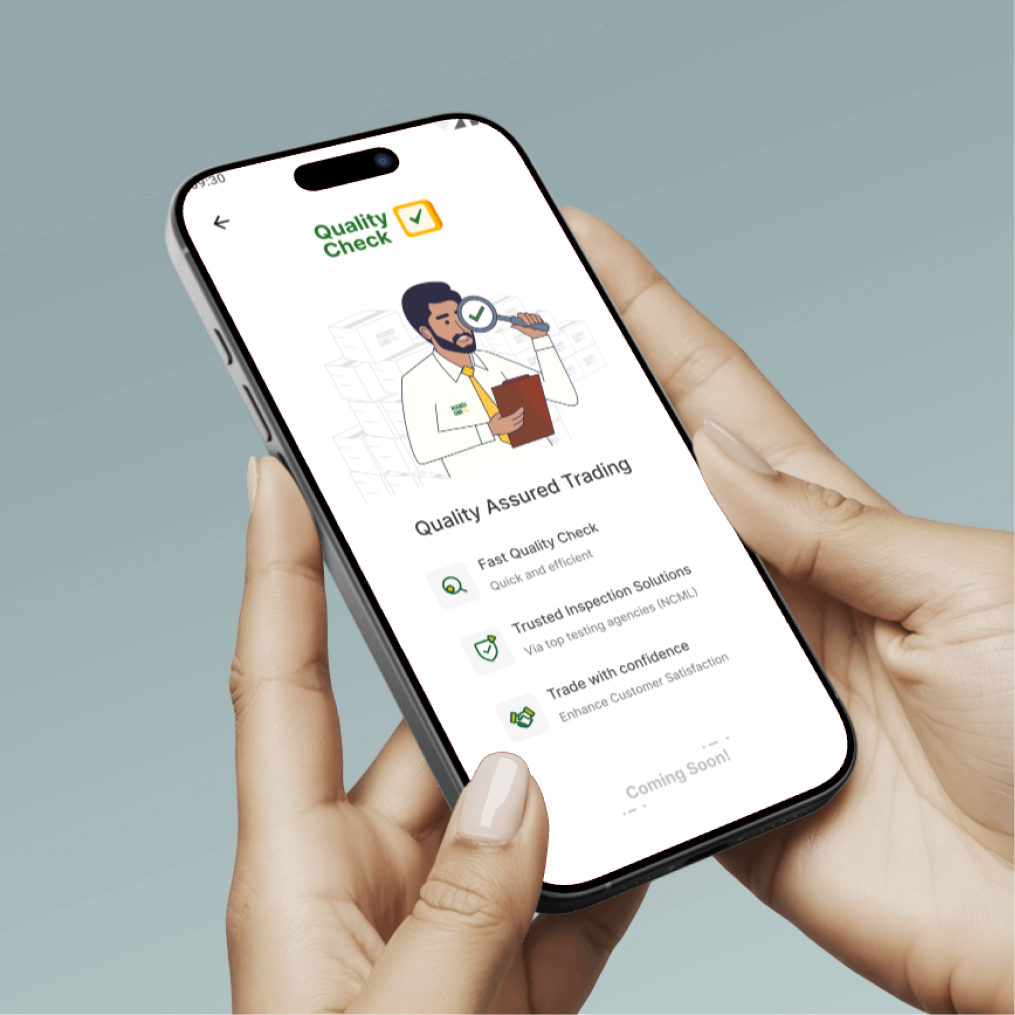 MandiOne Quality Check screen — quality assured trading, held in hand