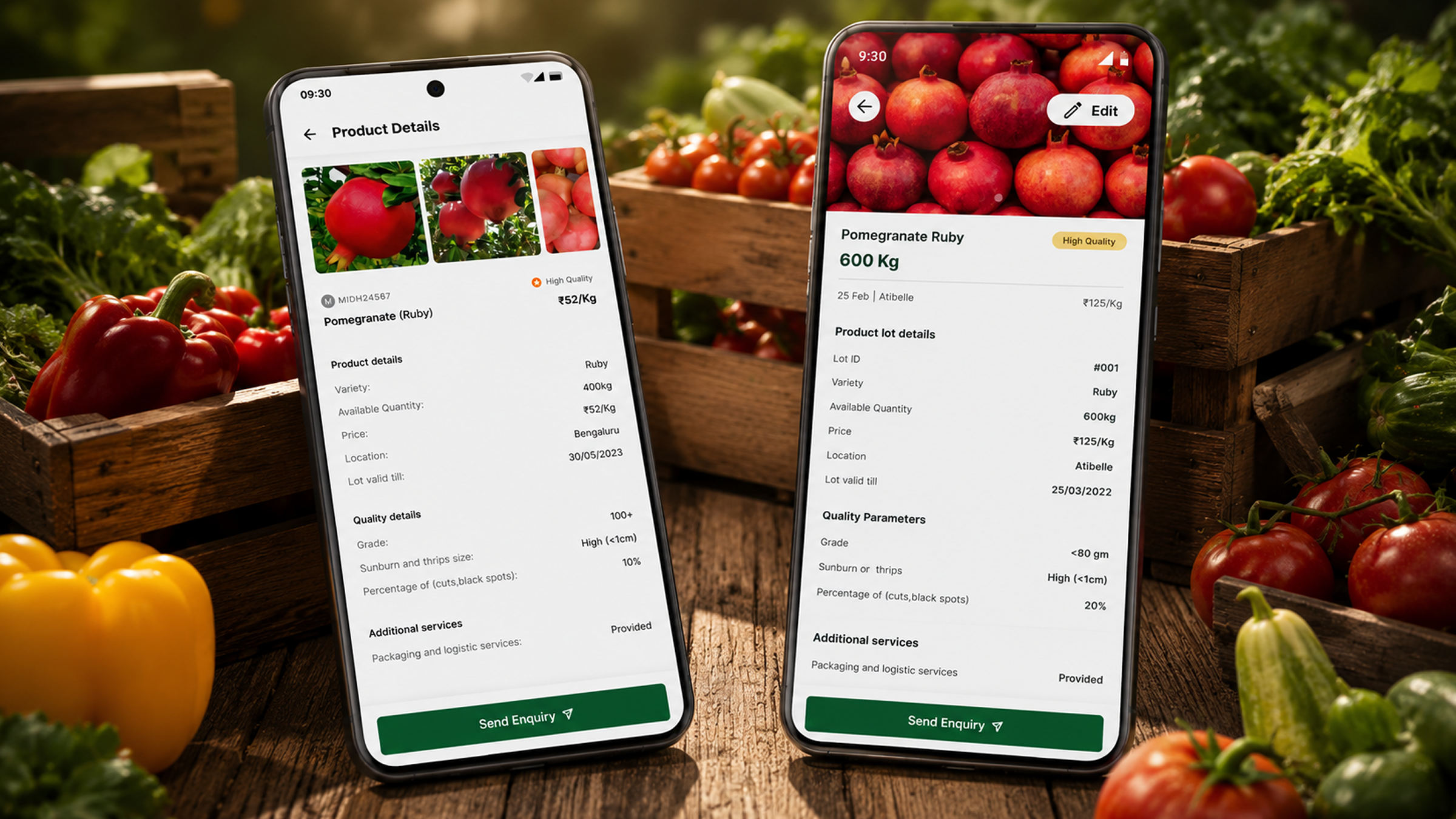 MandiOne product details screens — lot, quality and pricing information for a produce listing