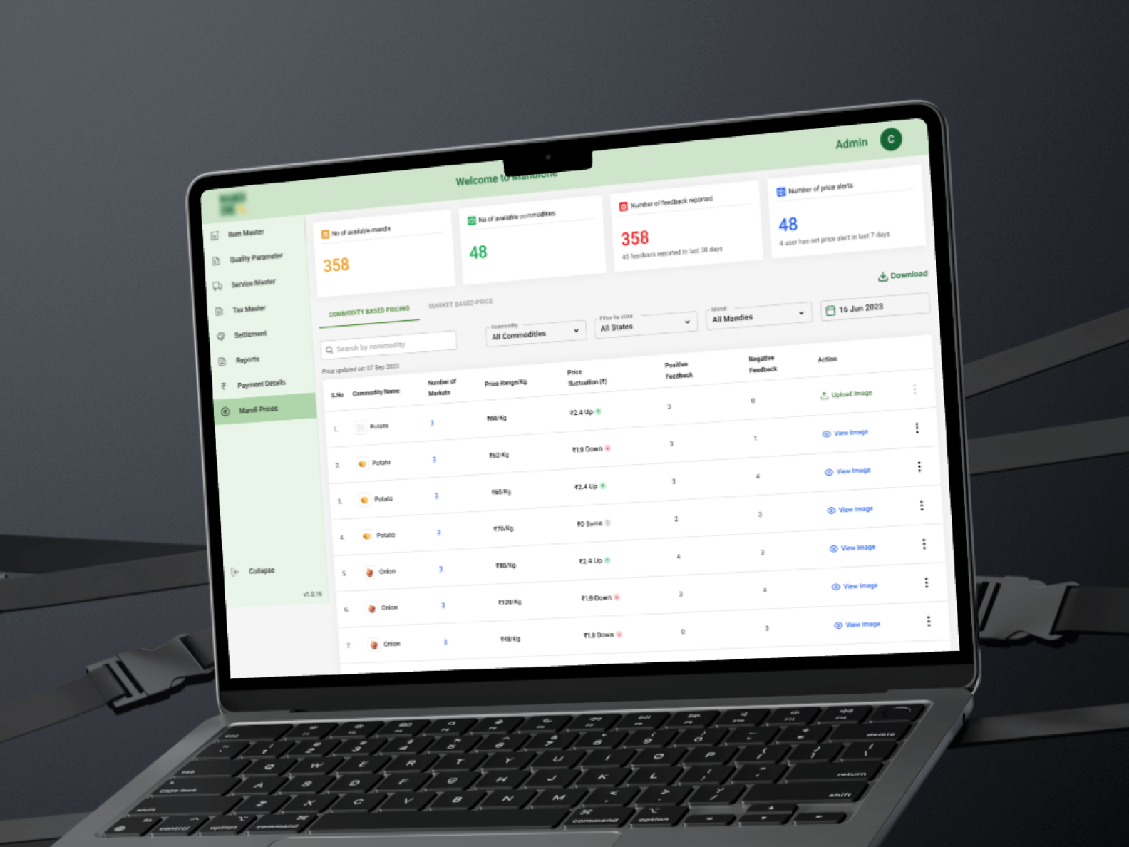 MandiOne admin dashboard — mandi prices overview with commodity-based pricing table, on laptop