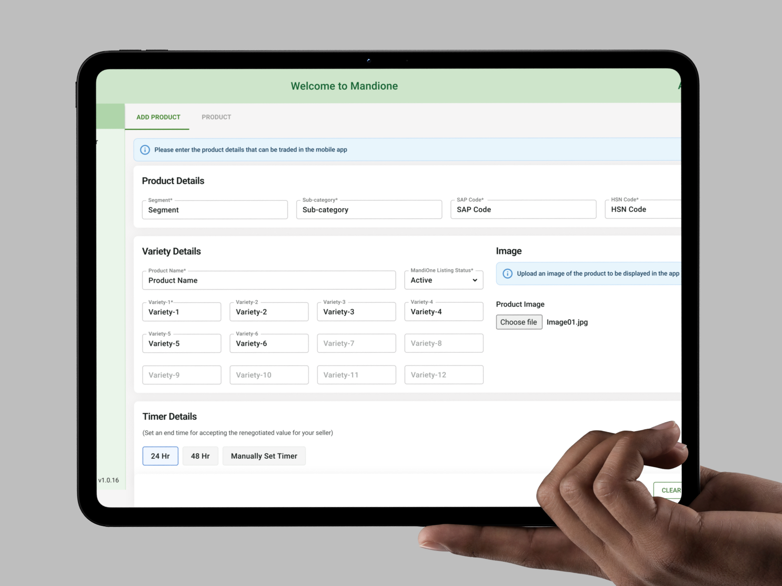 MandiOne admin dashboard — add product form with product, variety, and timer details, on tablet
