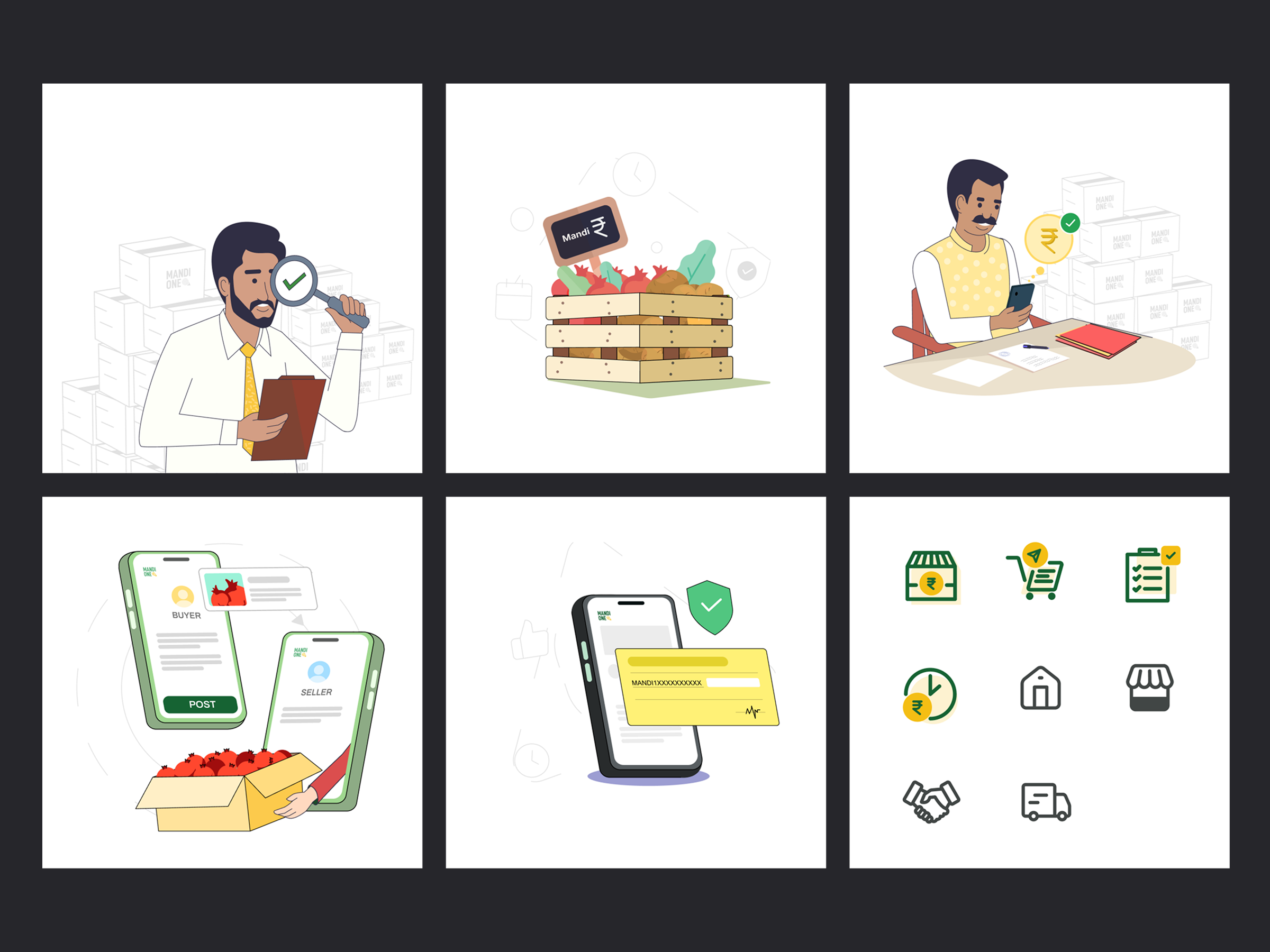MandiOne custom illustration set — quality check, mandi produce crate, seller at desk, buyer/seller posting, secure payment, and iconography
