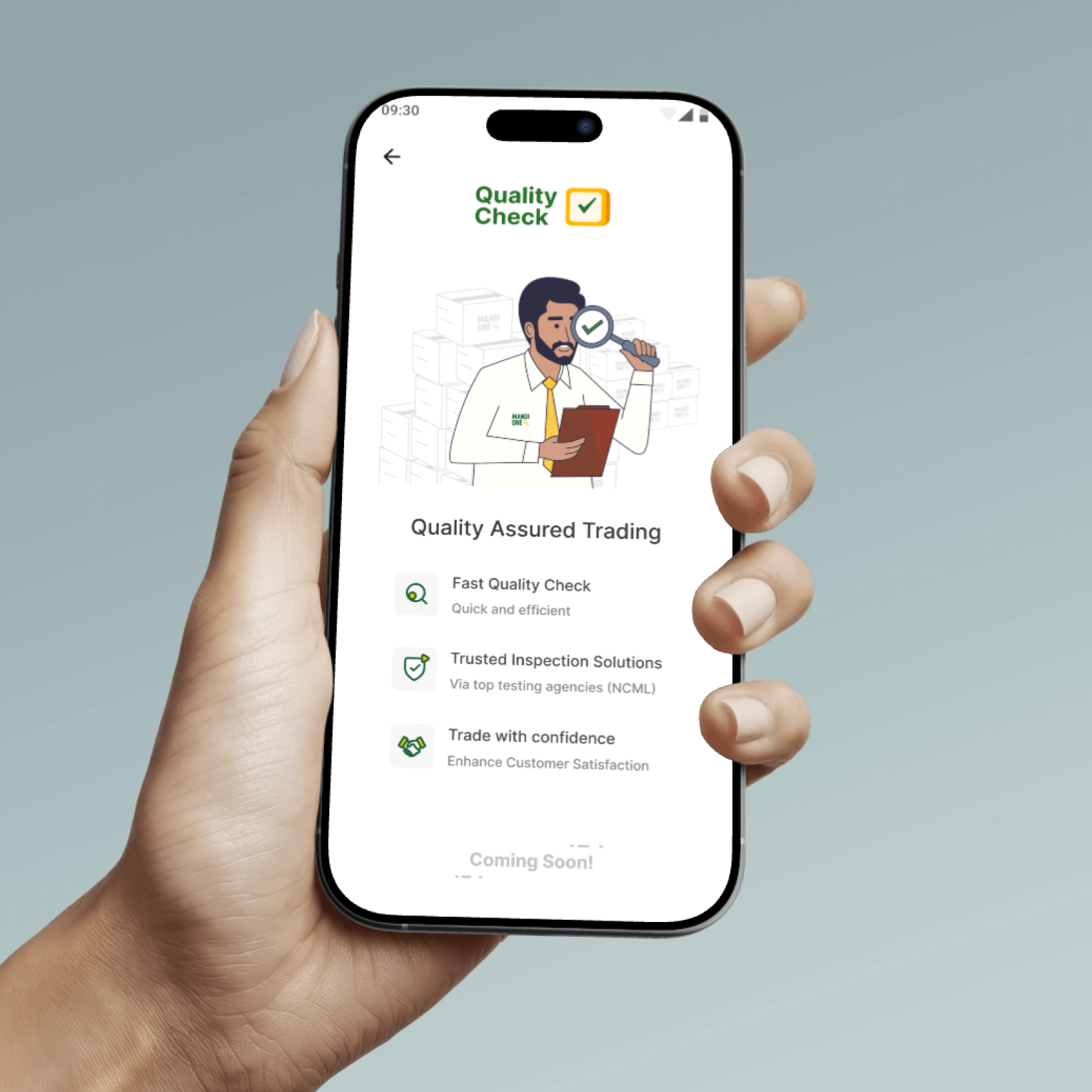 MandiOne quality check illustration applied within the app, shown held in hand