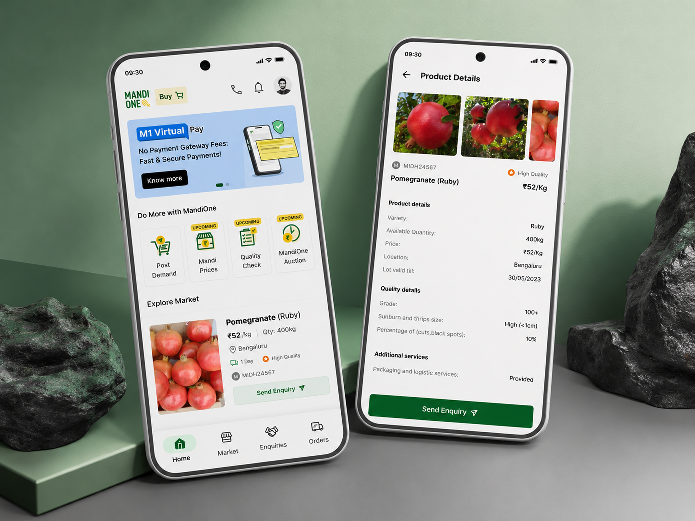 MandiOne marketplace listing and product details screens