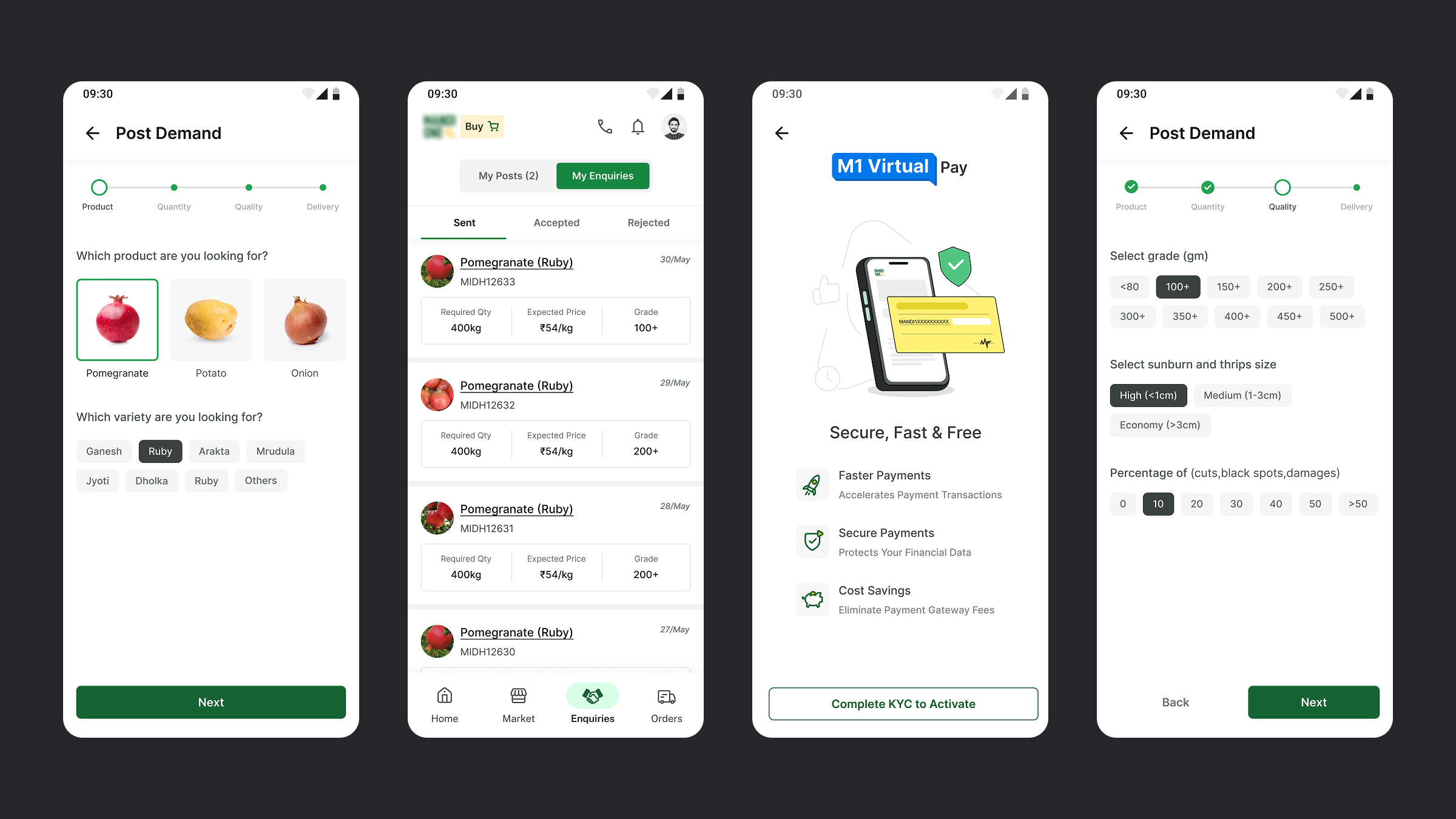 MandiOne post demand and enquiries flow — product selection, grade, and enquiry list screens