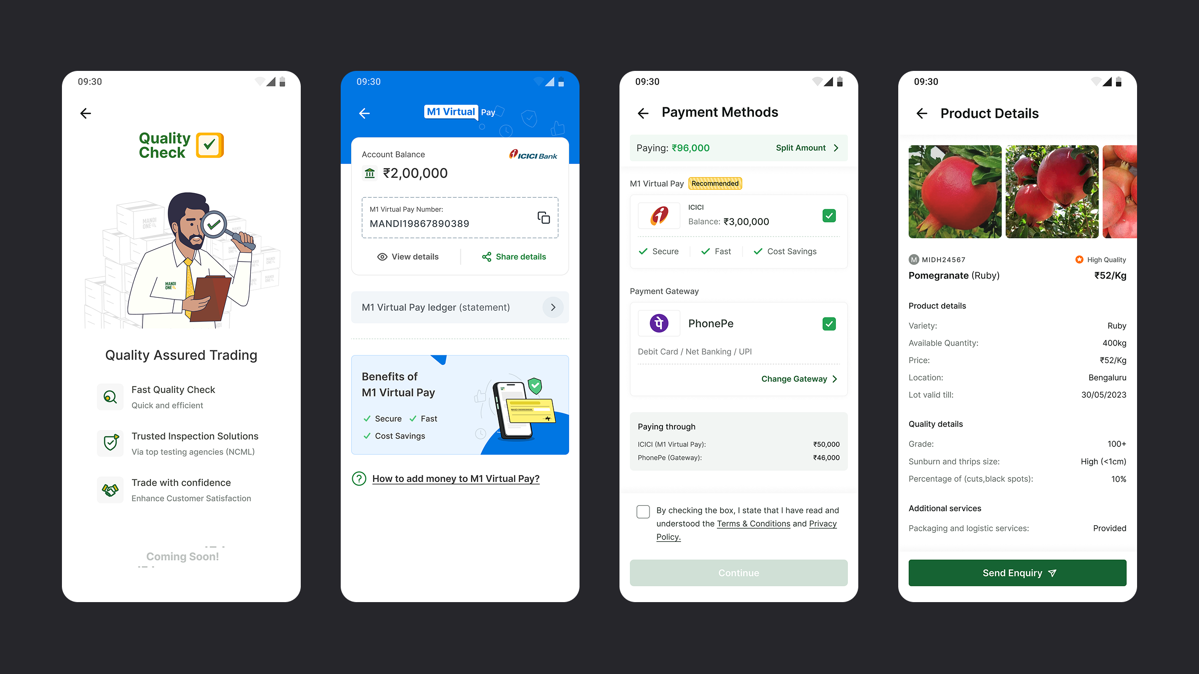 MandiOne transaction flow — quality check, M1 Virtual Pay, payment methods, and product details screens