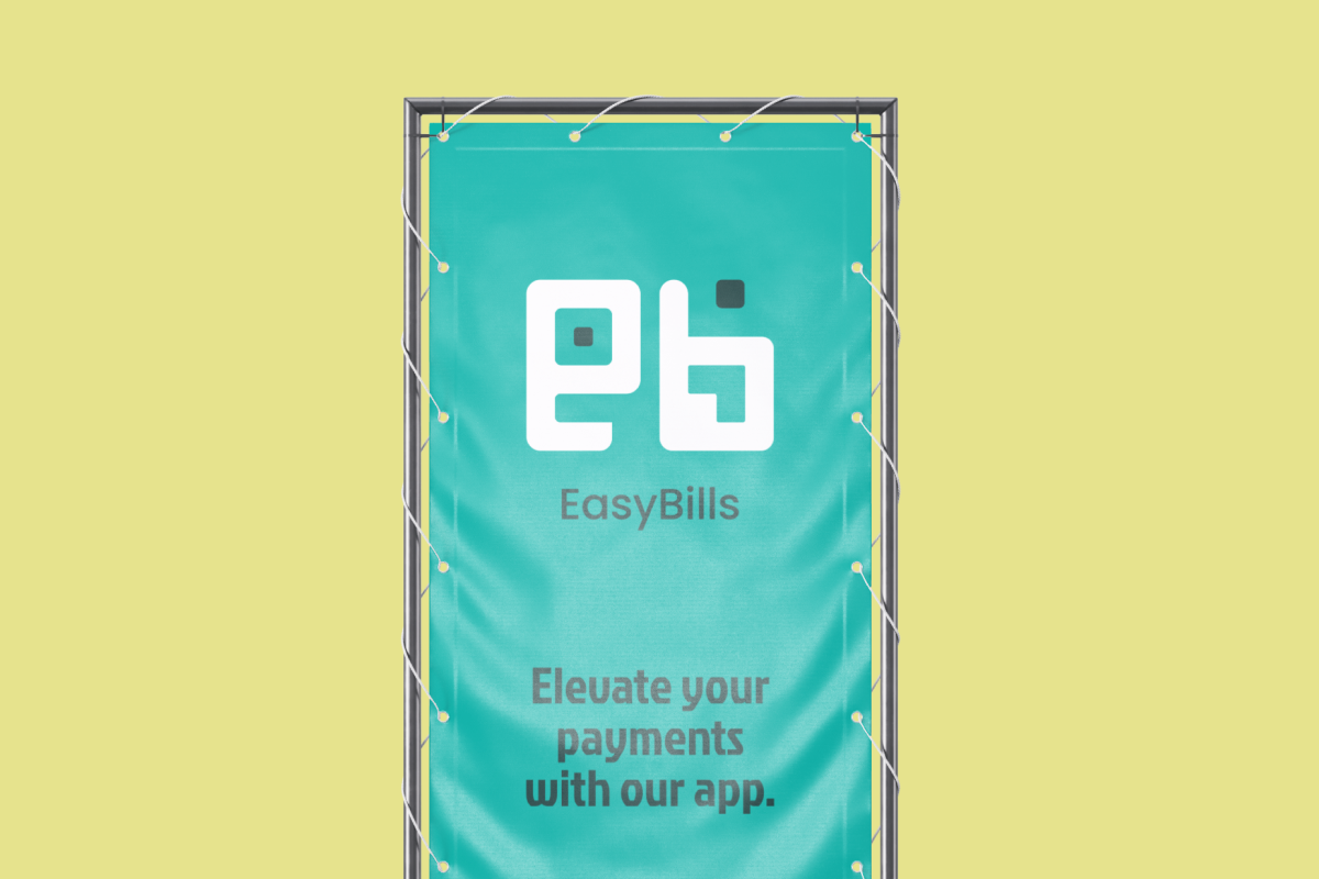 EasyBills logo design — banner mockup on a teal background