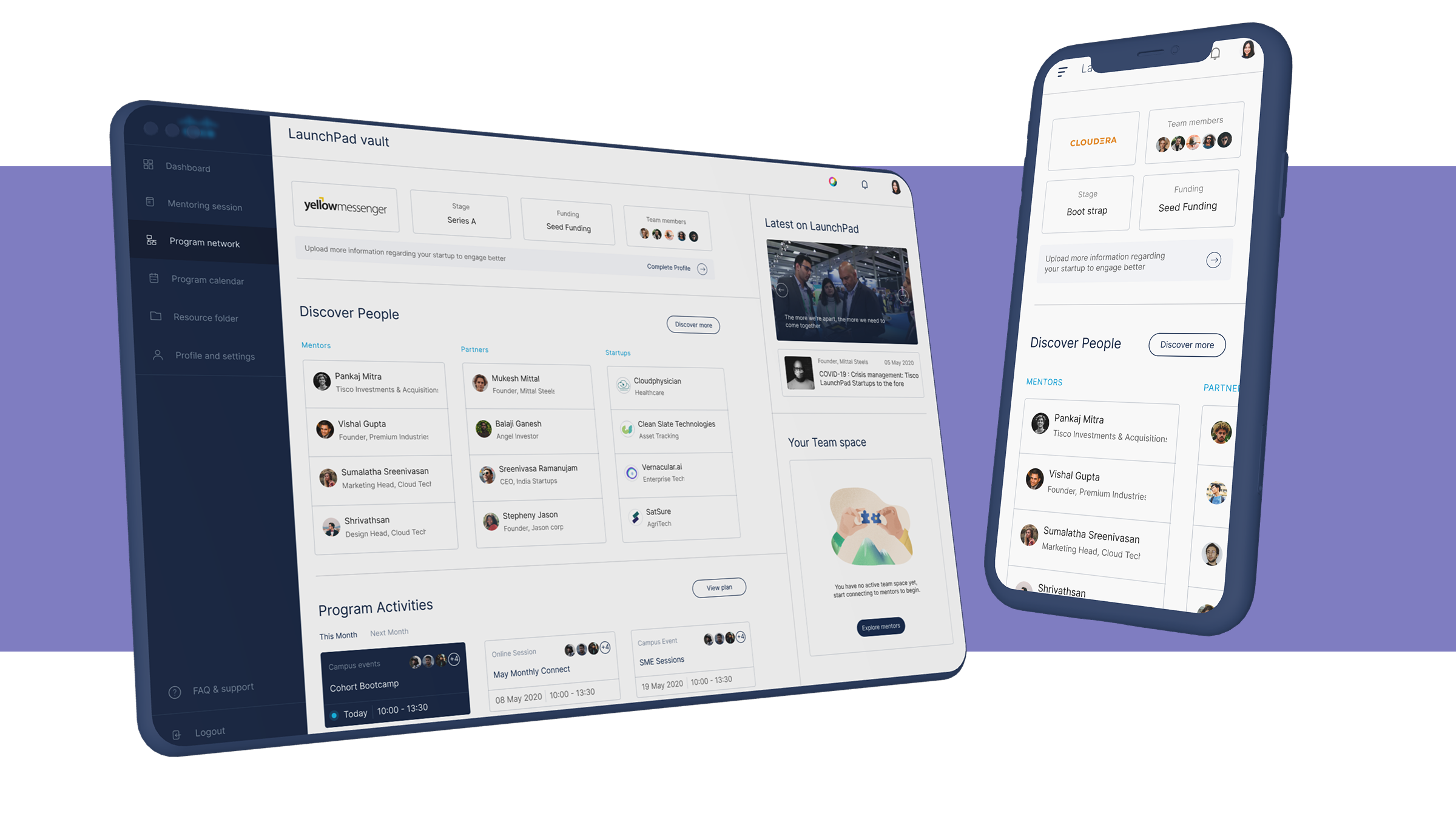 Cisco LaunchPad dashboard — program network screen on laptop and mobile, showing discover people and program activities