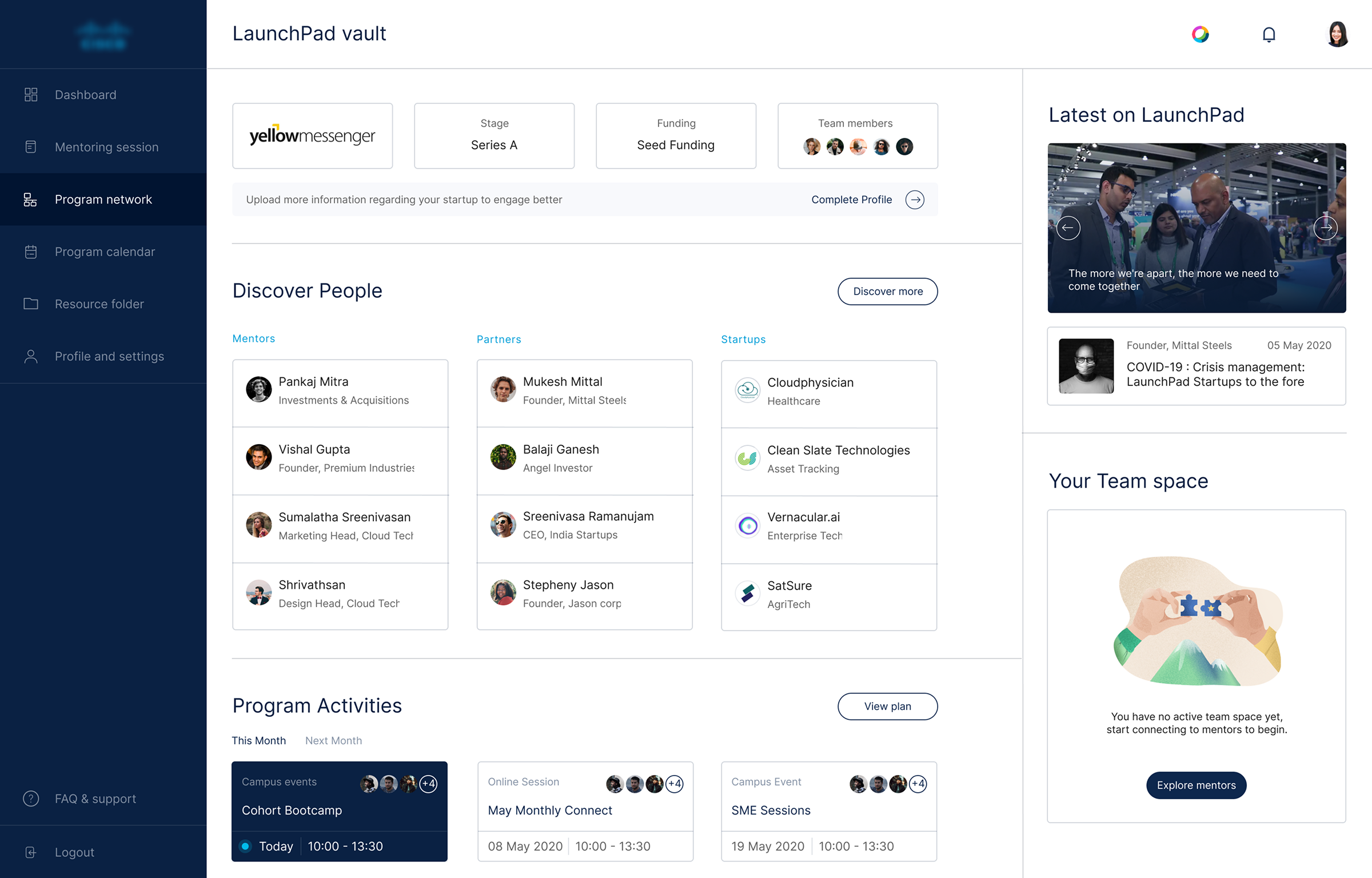 Cisco LaunchPad dashboard — program network screen showing discover people and program activities