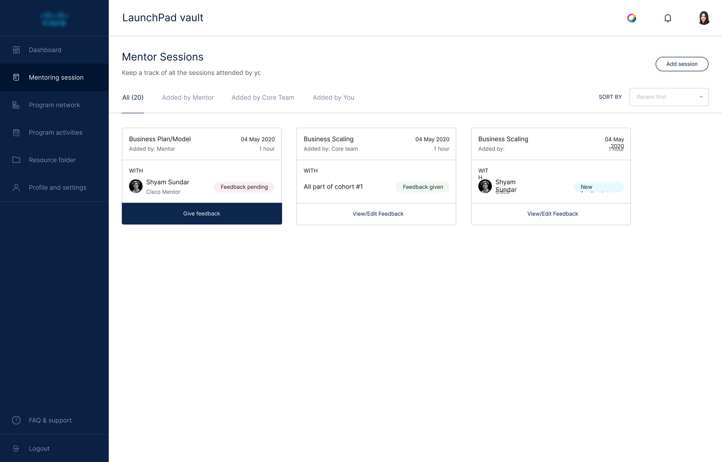Cisco LaunchPad dashboard — mentor sessions list view