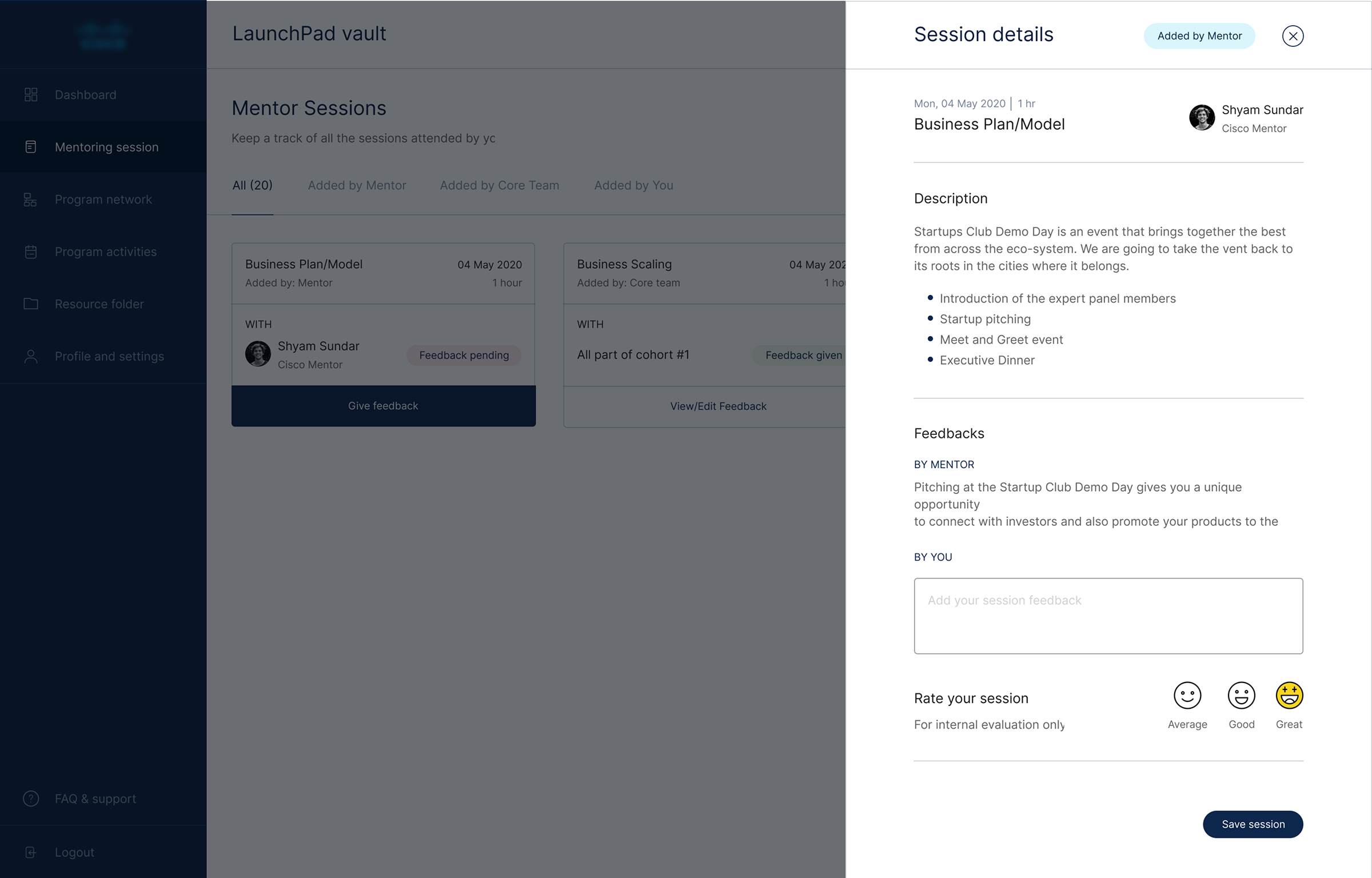 Cisco LaunchPad dashboard — session details panel with feedback and rating