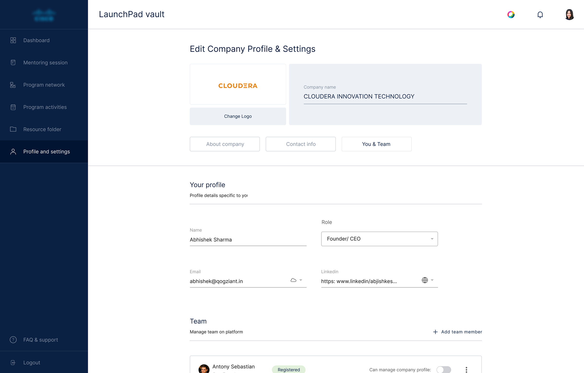 Cisco LaunchPad dashboard — edit company profile and settings screen