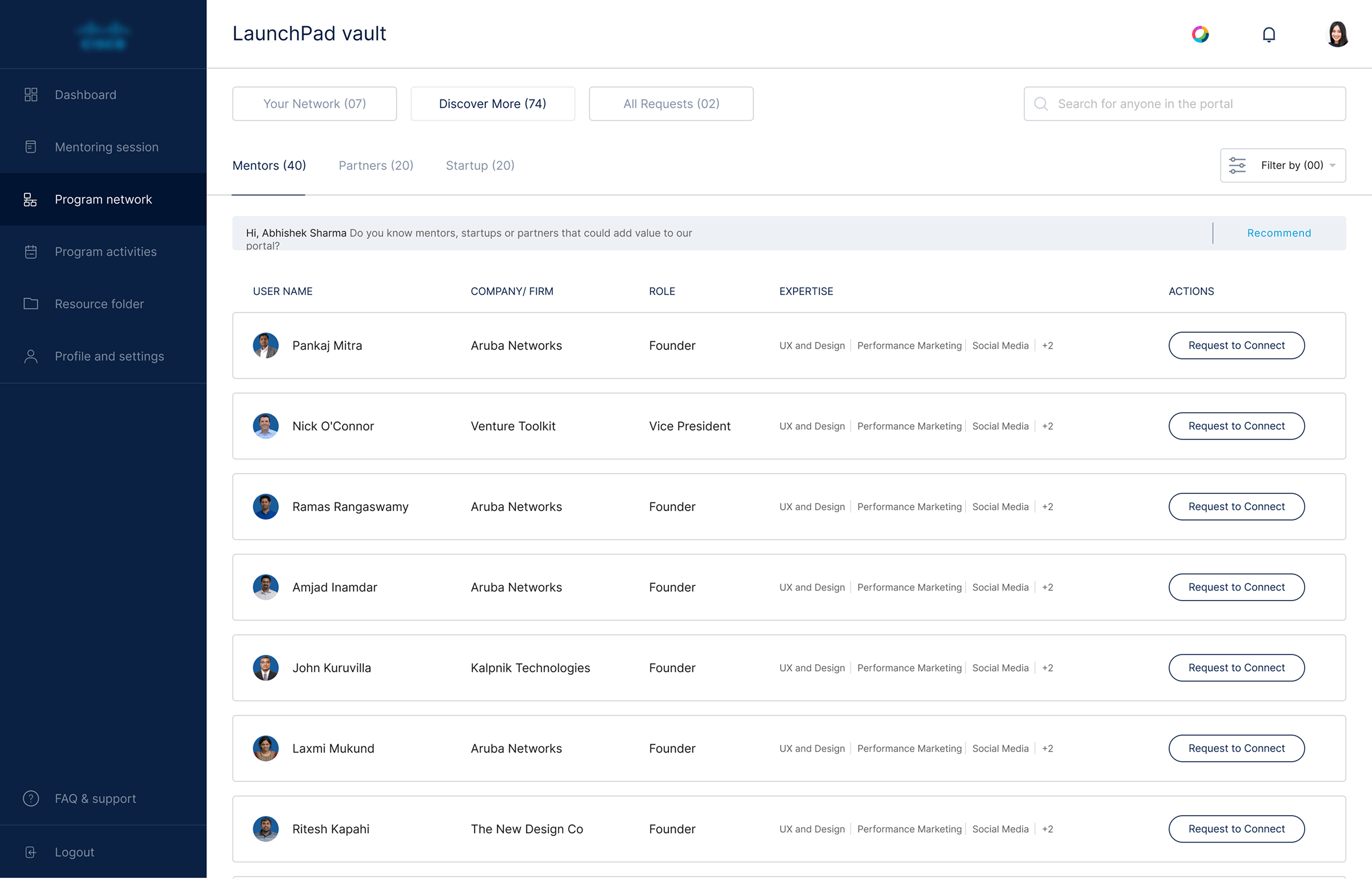 Cisco LaunchPad dashboard — program network connections list with filters
