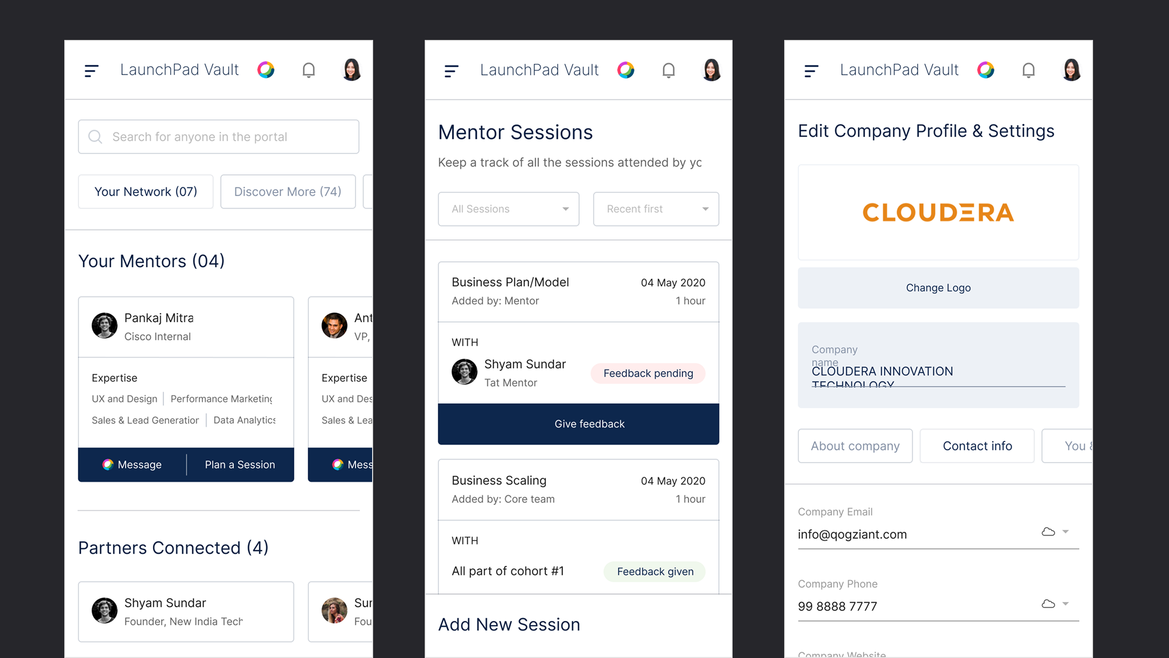 Cisco LaunchPad mobile — program network, mentor sessions, and company profile screens
