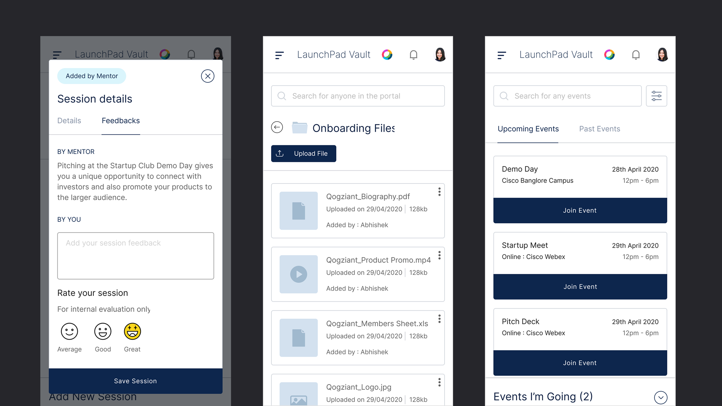 Cisco LaunchPad mobile — session details, resource folder, and program events screens