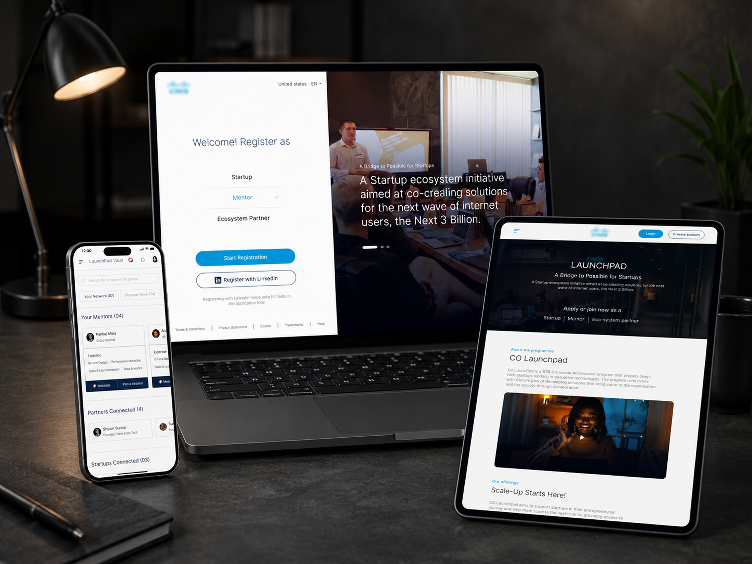 Cisco LaunchPad — dashboard on phone, marketing website on laptop and tablet showing fully responsive surfaces