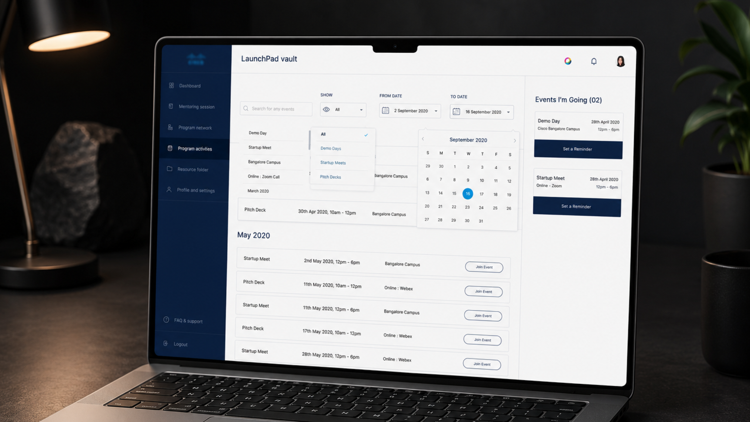 Cisco LaunchPad dashboard — program activities calendar view on a laptop