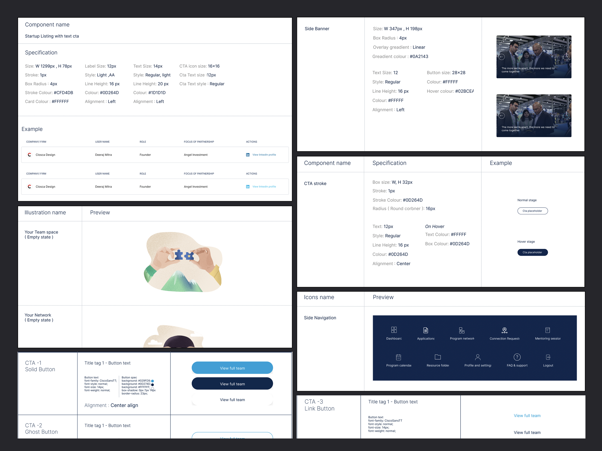 Cisco LaunchPad style guide — navigation, listing cards, illustrations, CTA buttons, and icon specifications