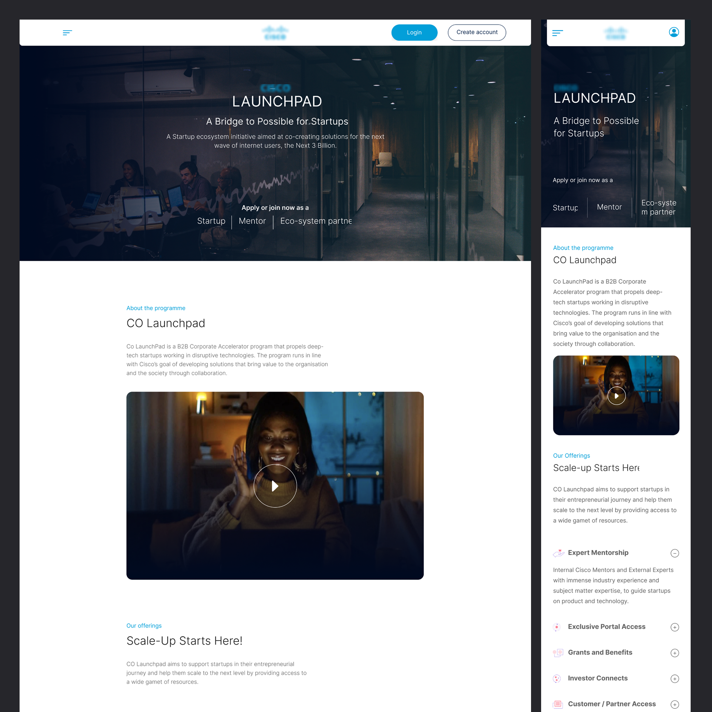 Cisco LaunchPad marketing website — hero section on desktop and mobile showing program introduction