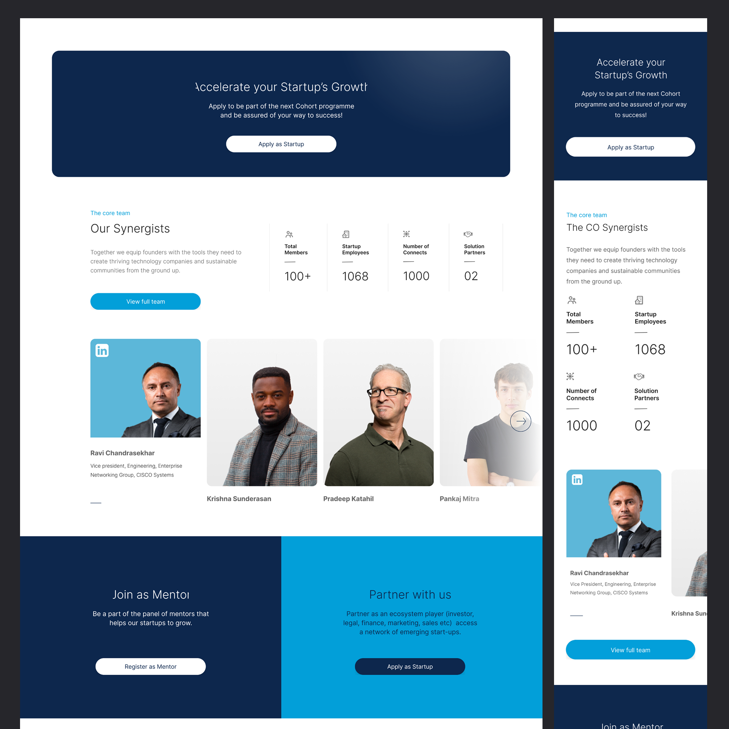 Cisco LaunchPad marketing website — CTA, synergists team section, and join as mentor on desktop and mobile