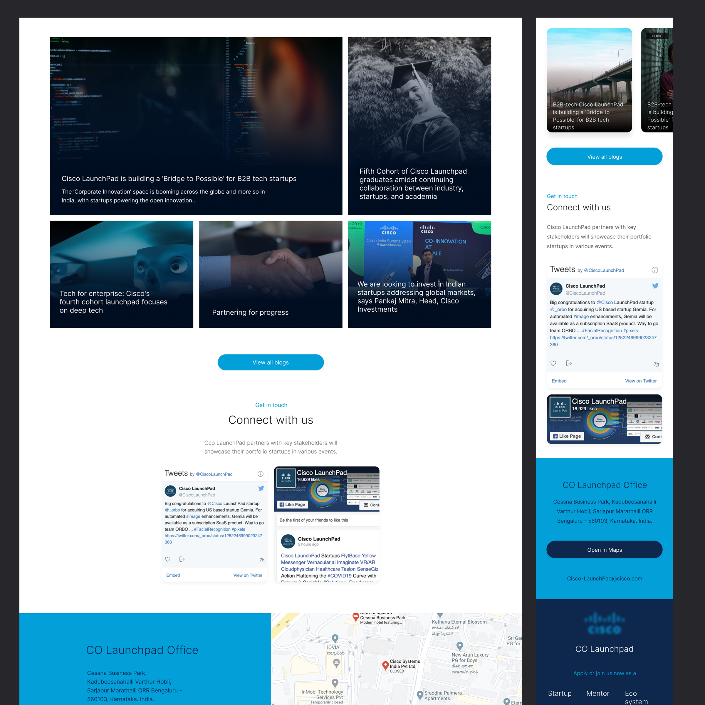 Cisco LaunchPad marketing website — startup portfolio, connect with us, and footer on desktop and mobile
