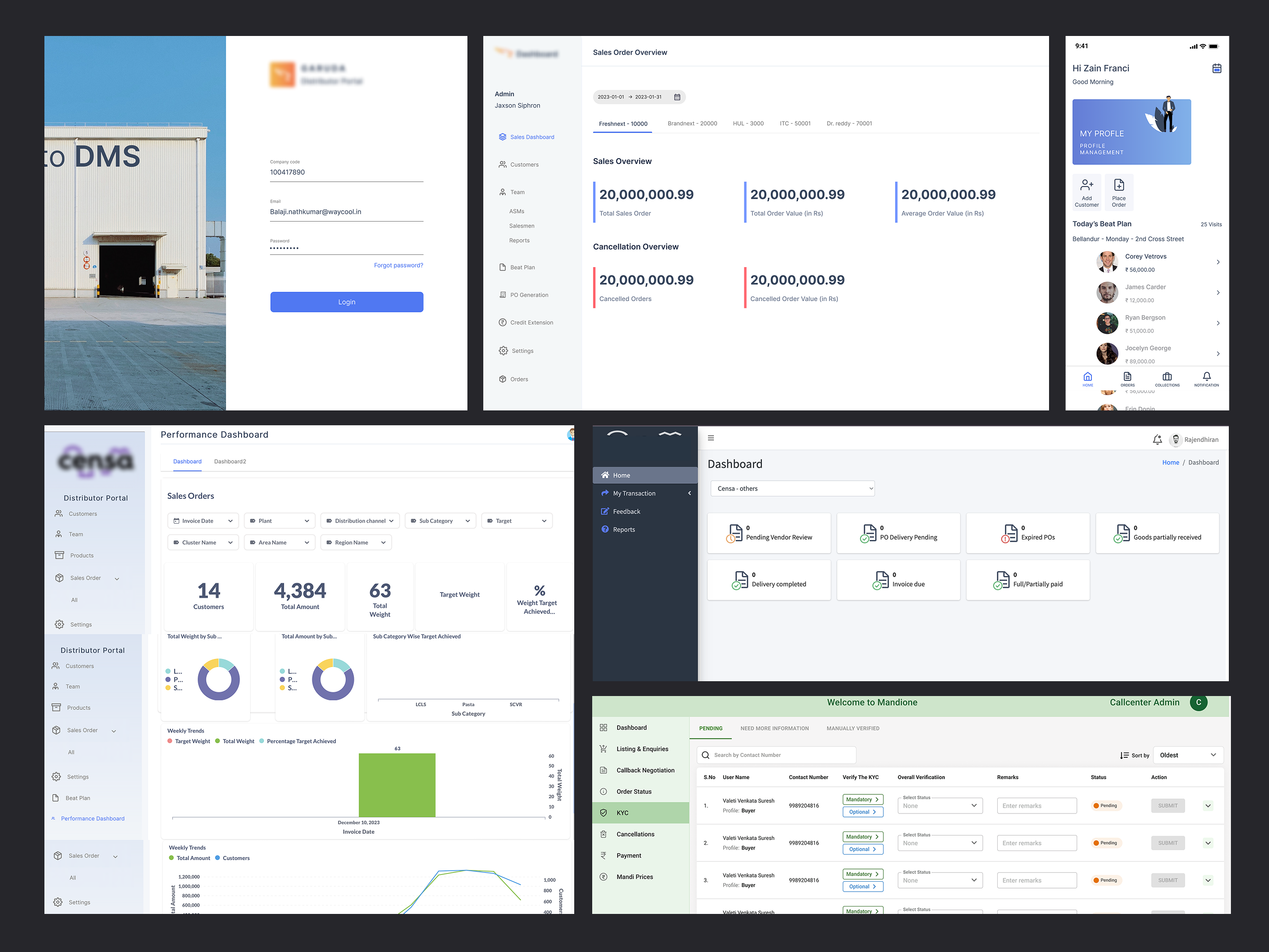 Multiple existing product screens revealing visual inconsistency across the Cense product suite