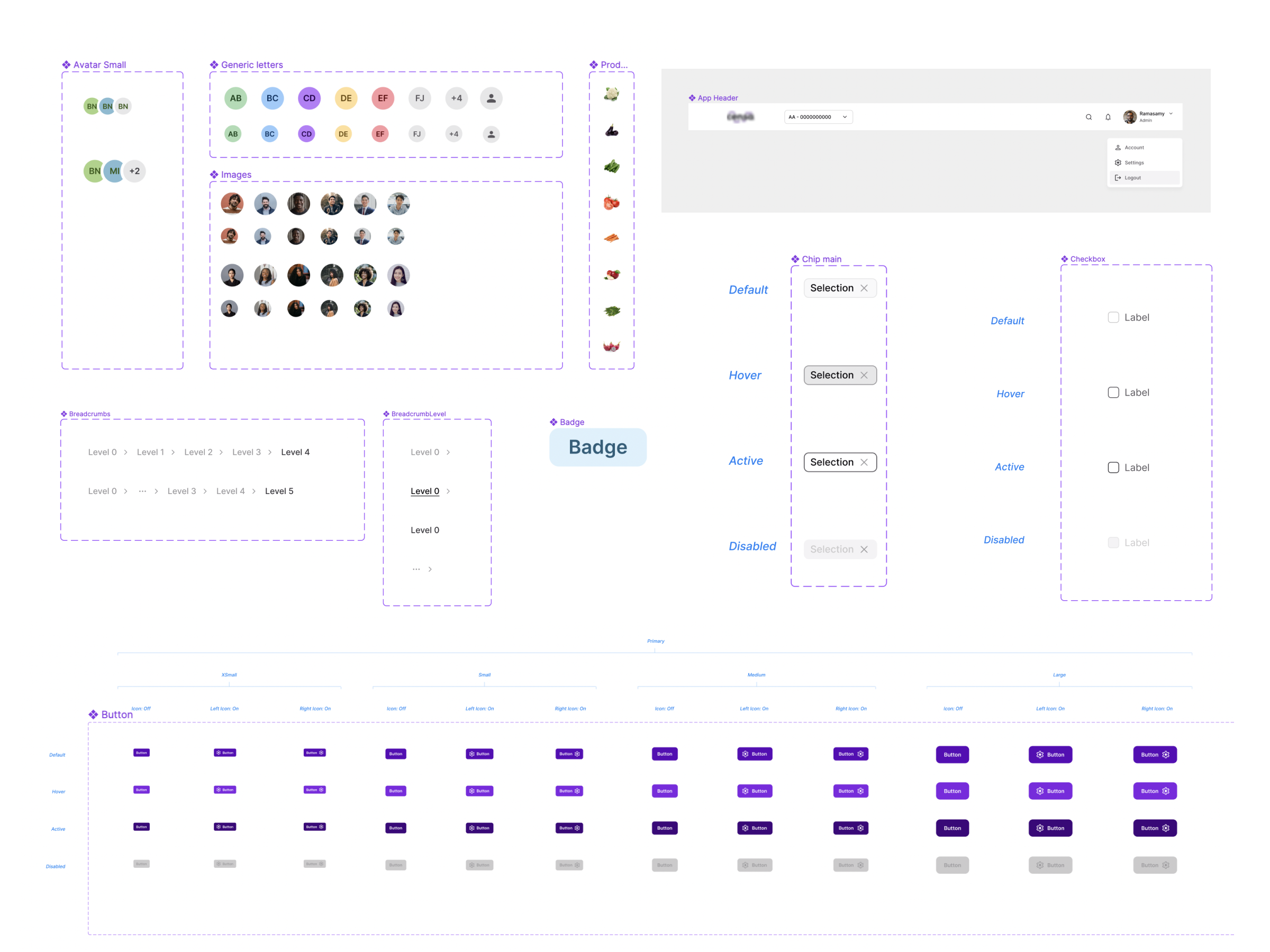 Component library — avatars, chips, breadcrumbs, badges, and button variants