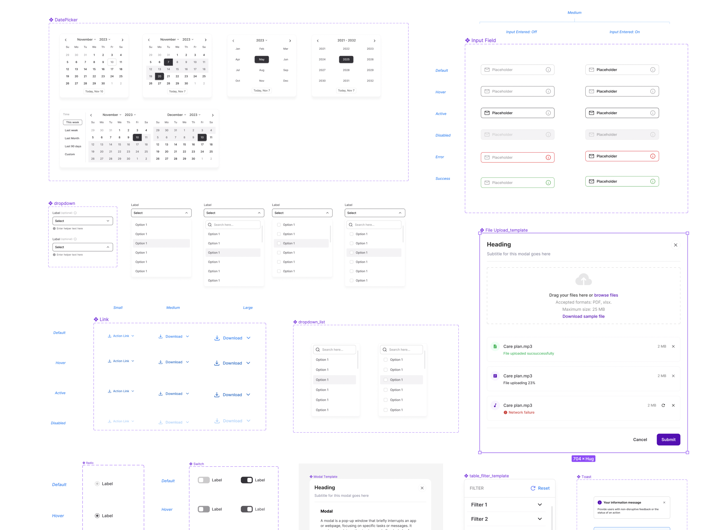 Component library — date picker, input fields, dropdowns, modals, and form components
