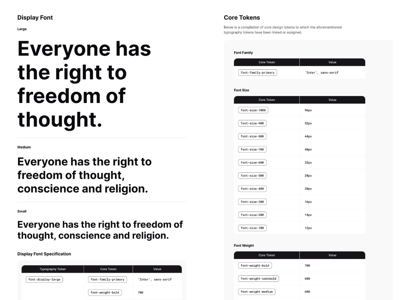 Cense design system core tokens — font family, size, and weight token reference tables