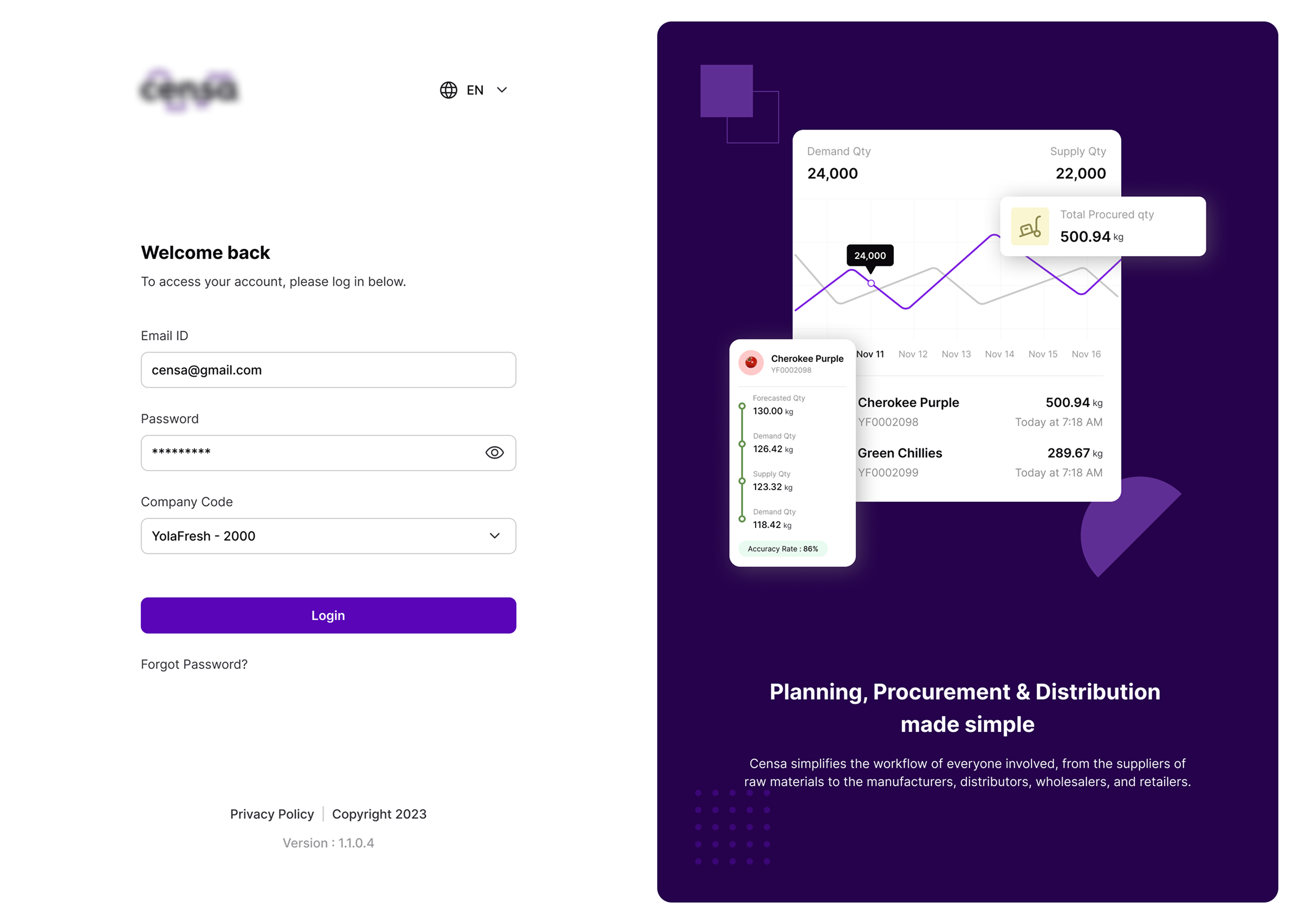 Cense web application — login screen and planning procurement dashboard