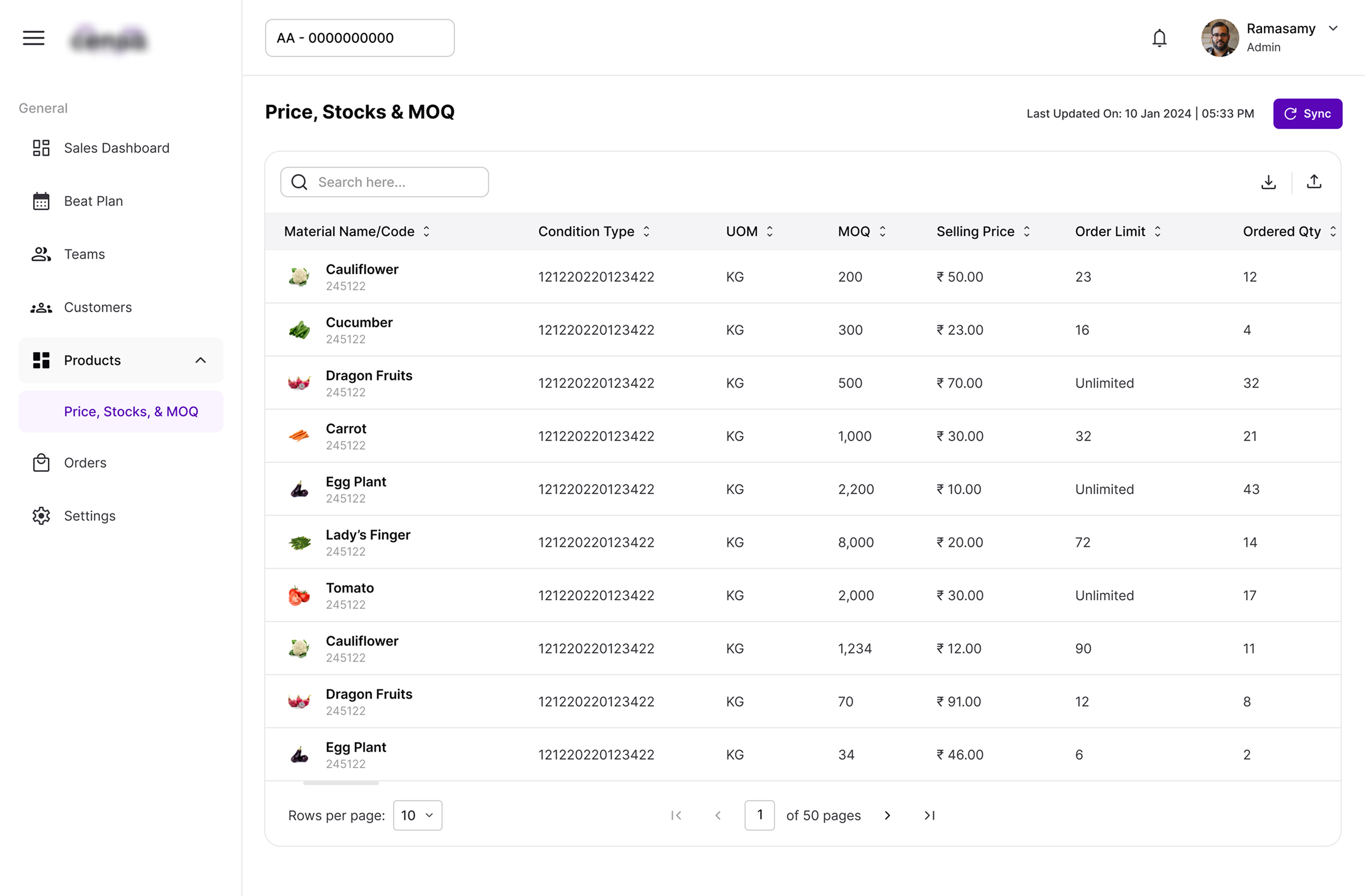 Cense web application — Price, Stocks and MOQ data table with product listings