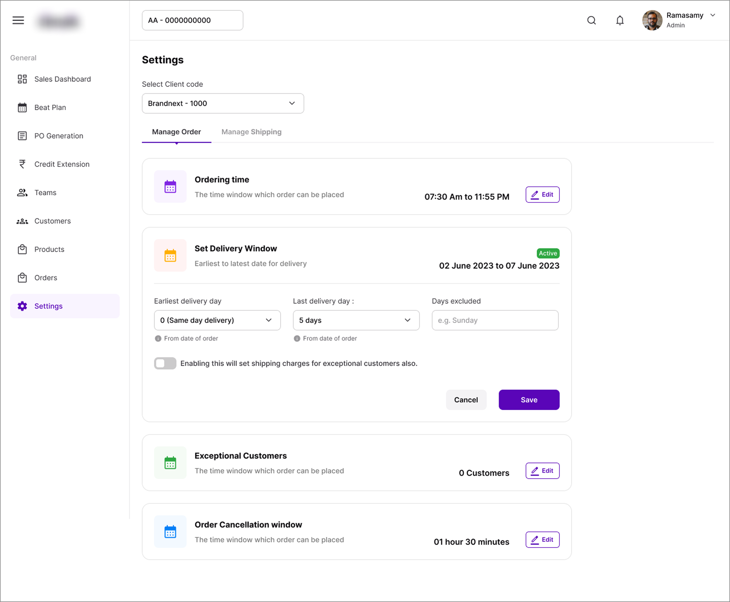 Cense web application — settings screen with order and delivery window management