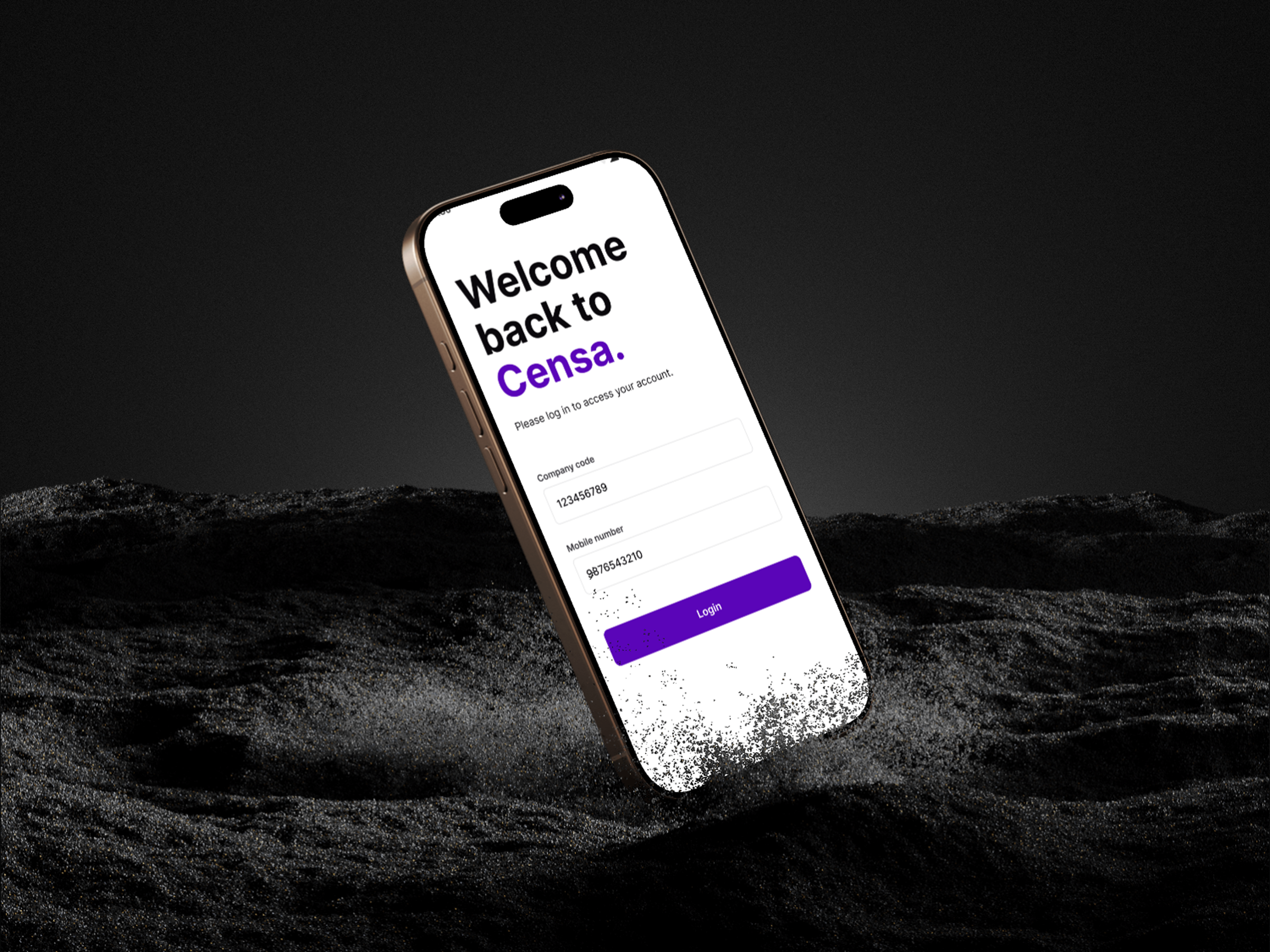 Cense mobile application — welcome back login screen on iPhone mockup