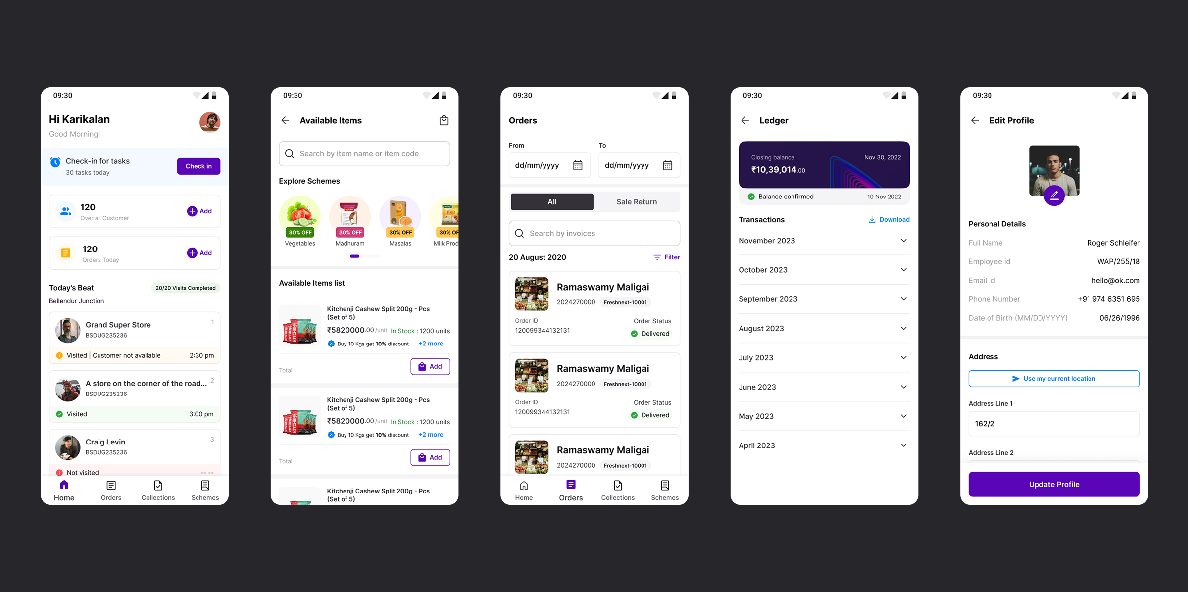 Cense mobile application — five app screens showing home, orders, collections, ledger, and profile