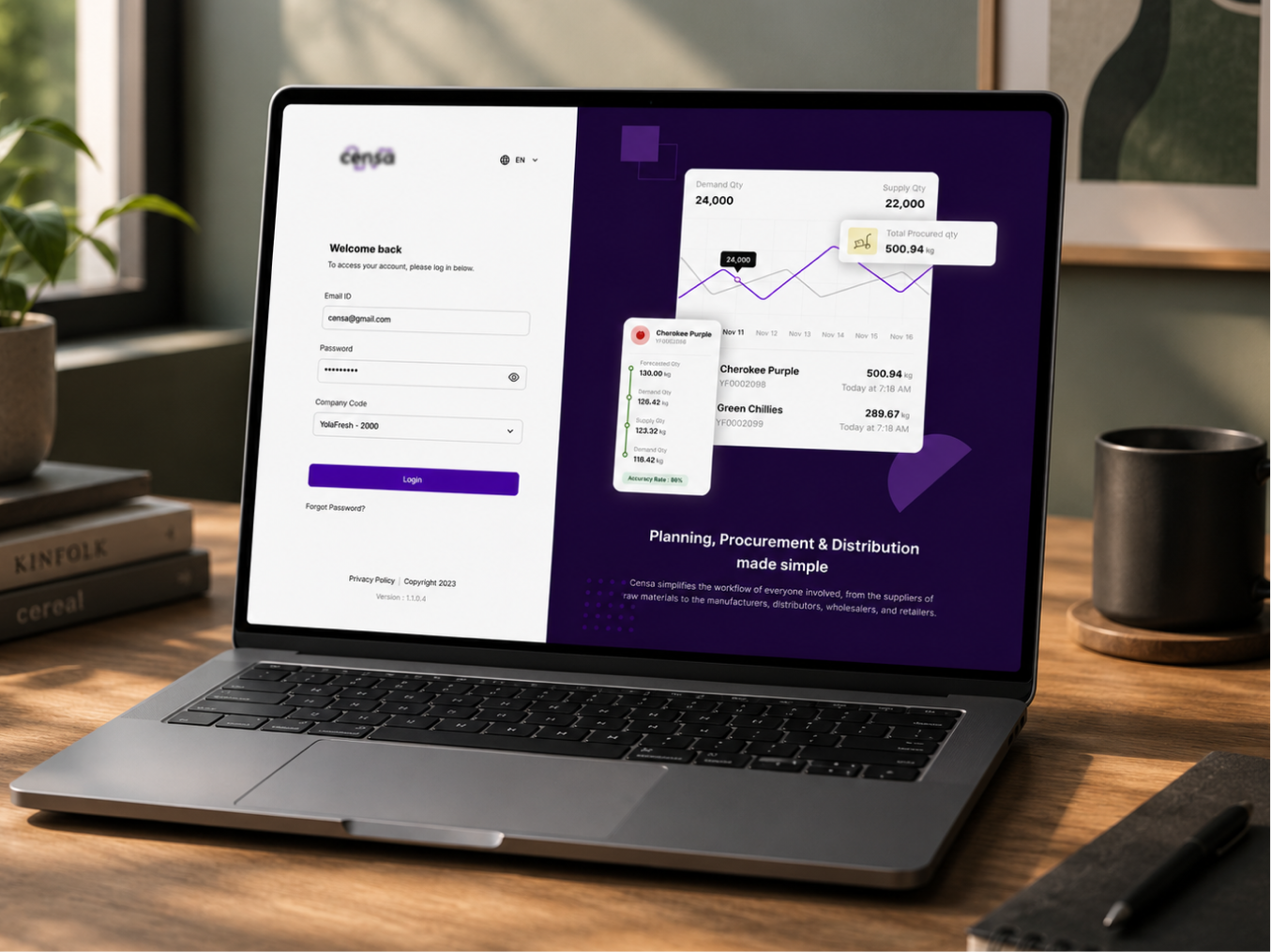 Cense web application — login screen and planning dashboard on a laptop