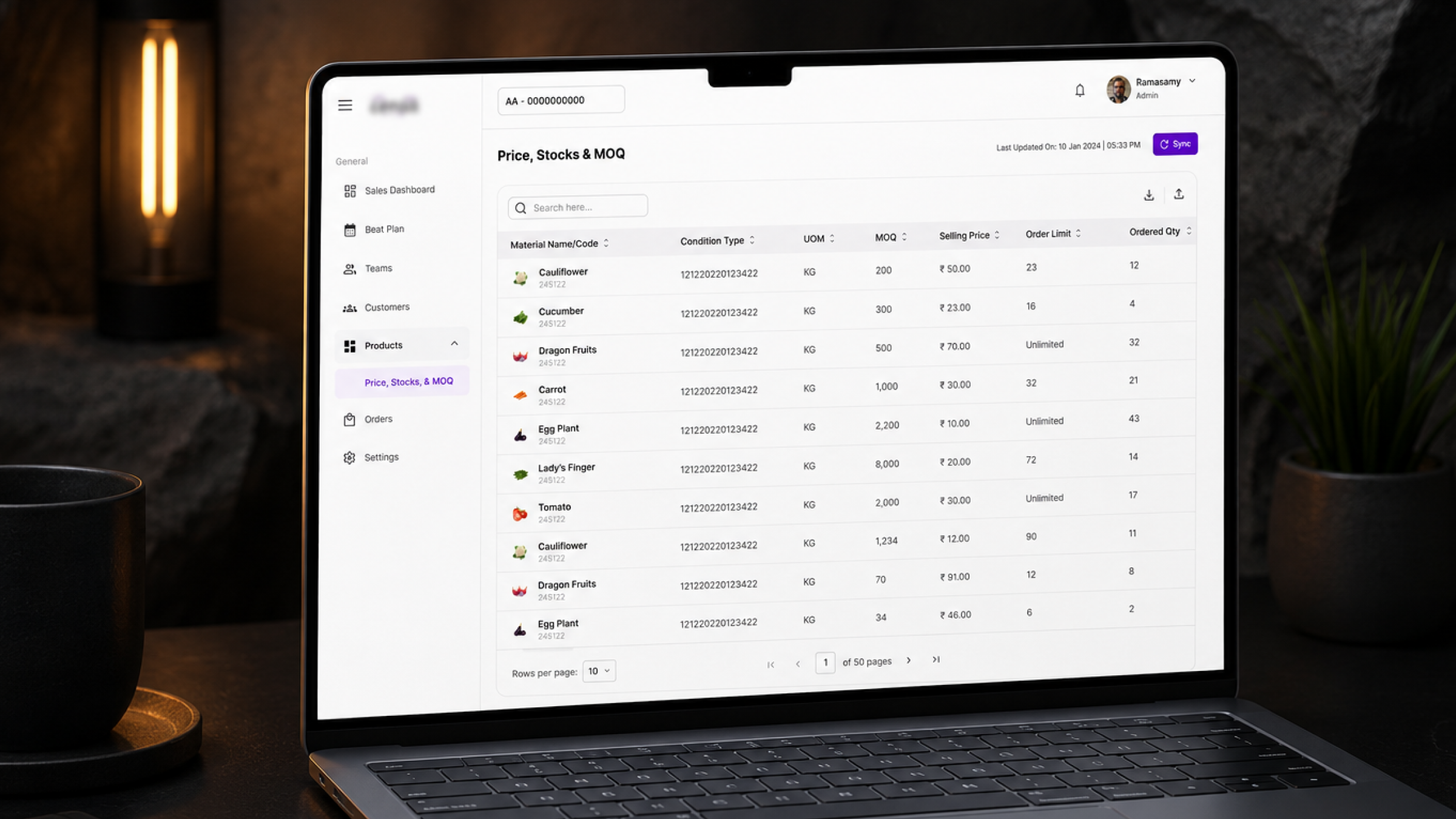 Cense web application — Price, Stocks and MOQ data table on a laptop