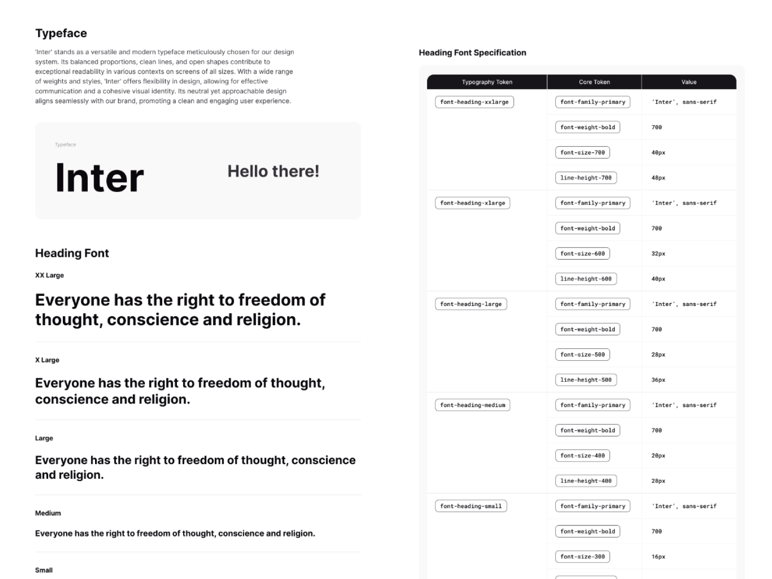 Cense design system typography — Inter typeface with heading and display scale specifications