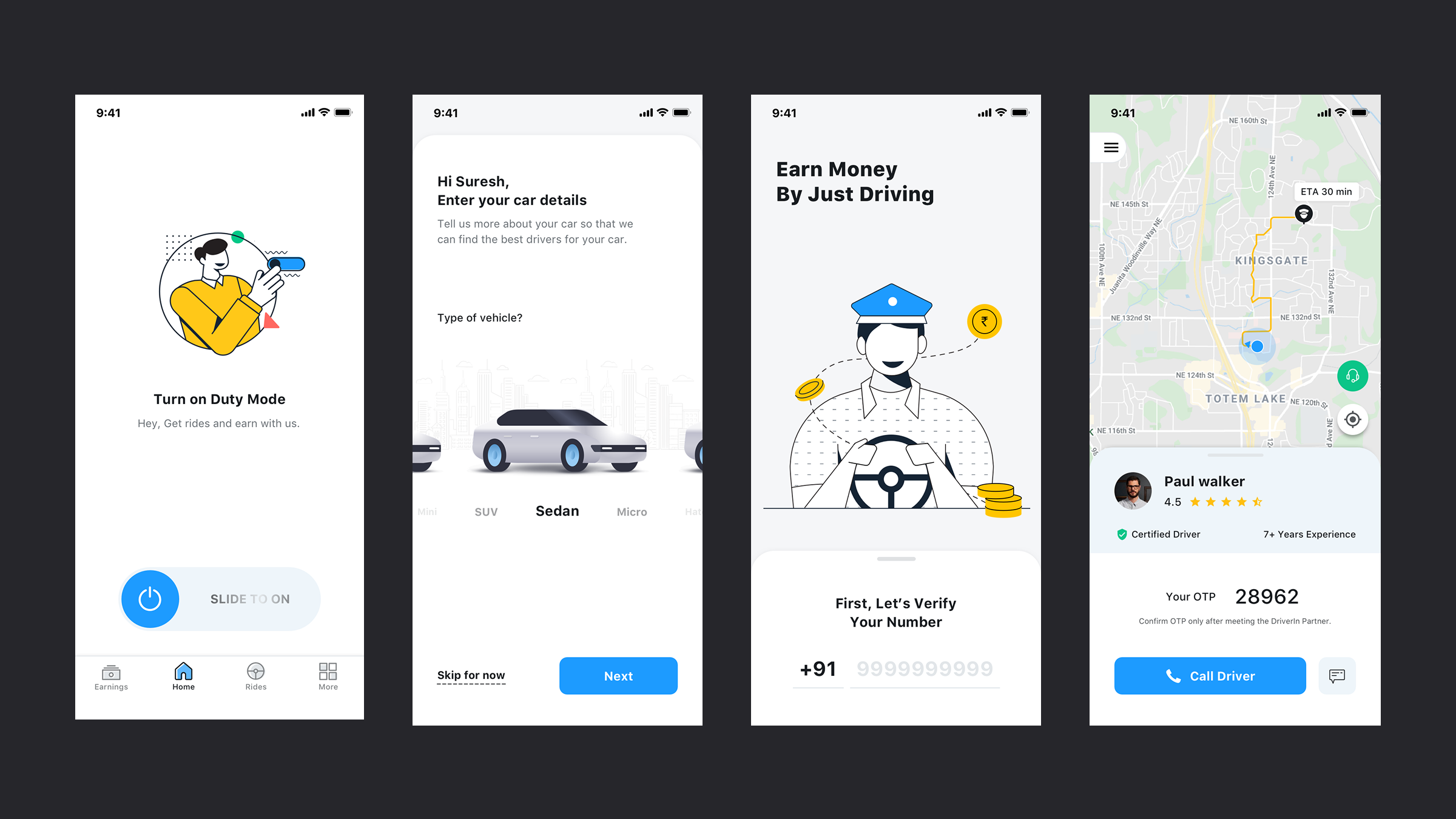 DriverIn driver-side screens — duty mode toggle, car details, earnings intro, and live ride tracking