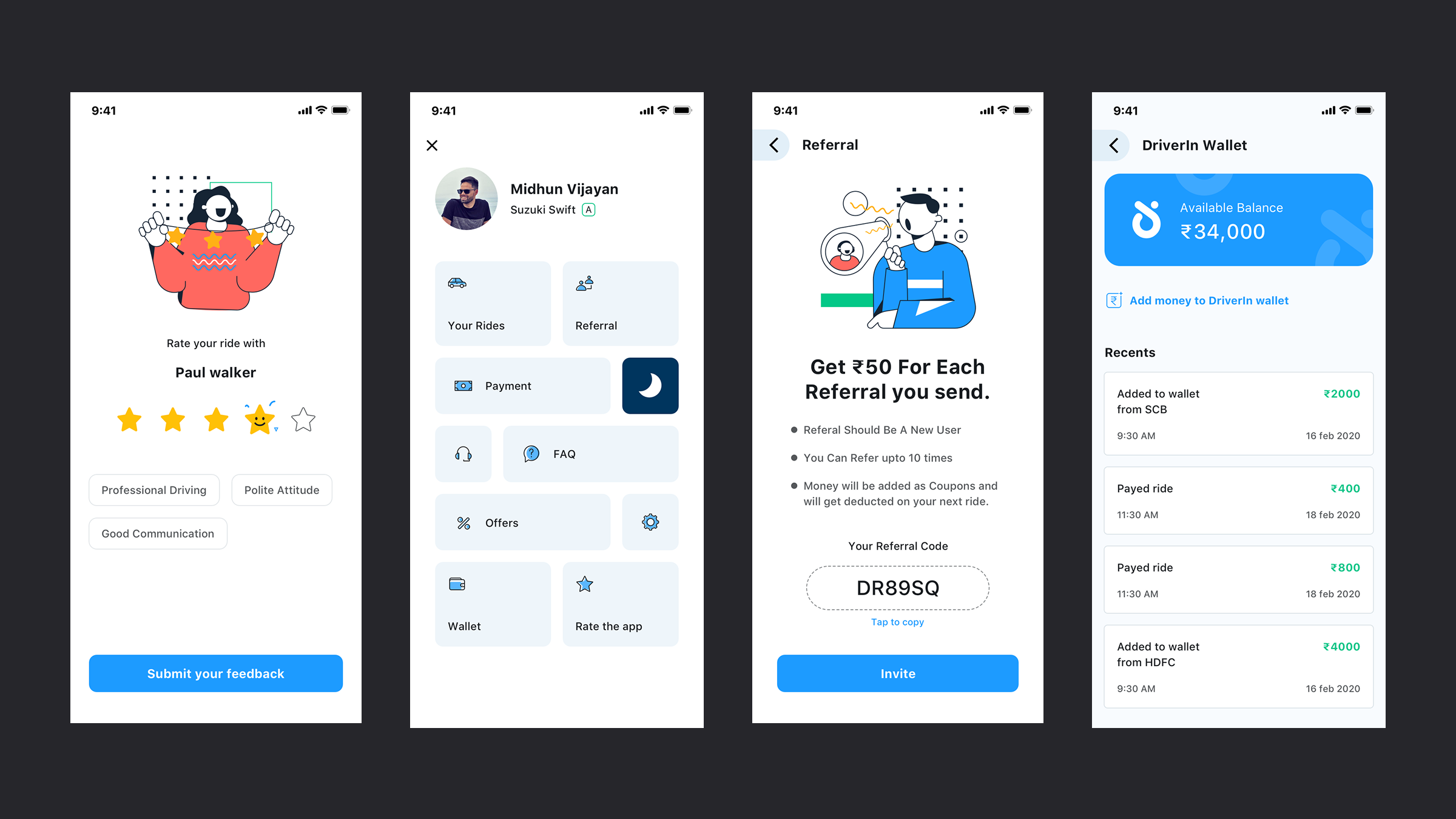 DriverIn ride rating, profile menu, referral, and wallet screens