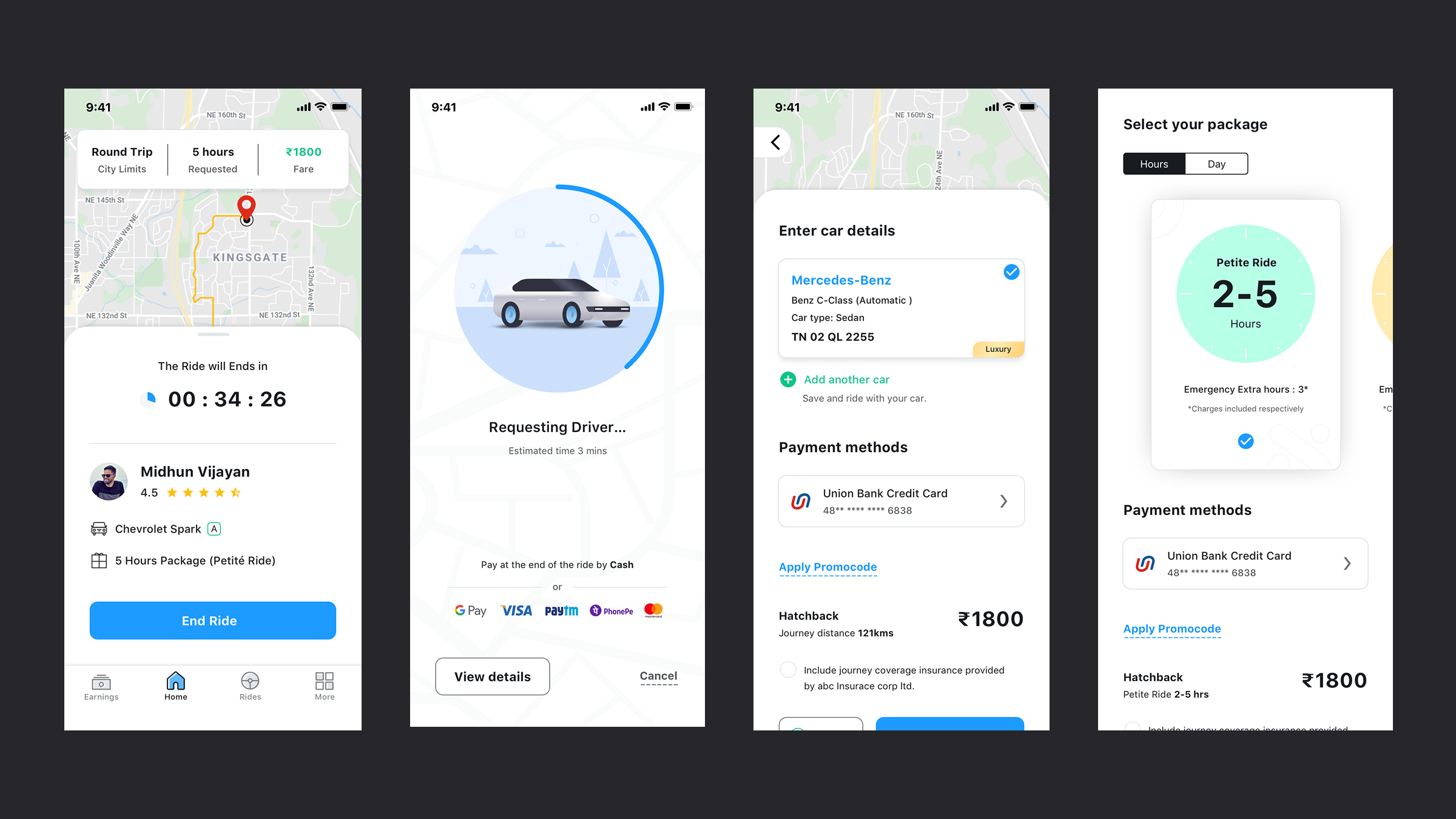 DriverIn active ride, driver request, car details, and package selection screens