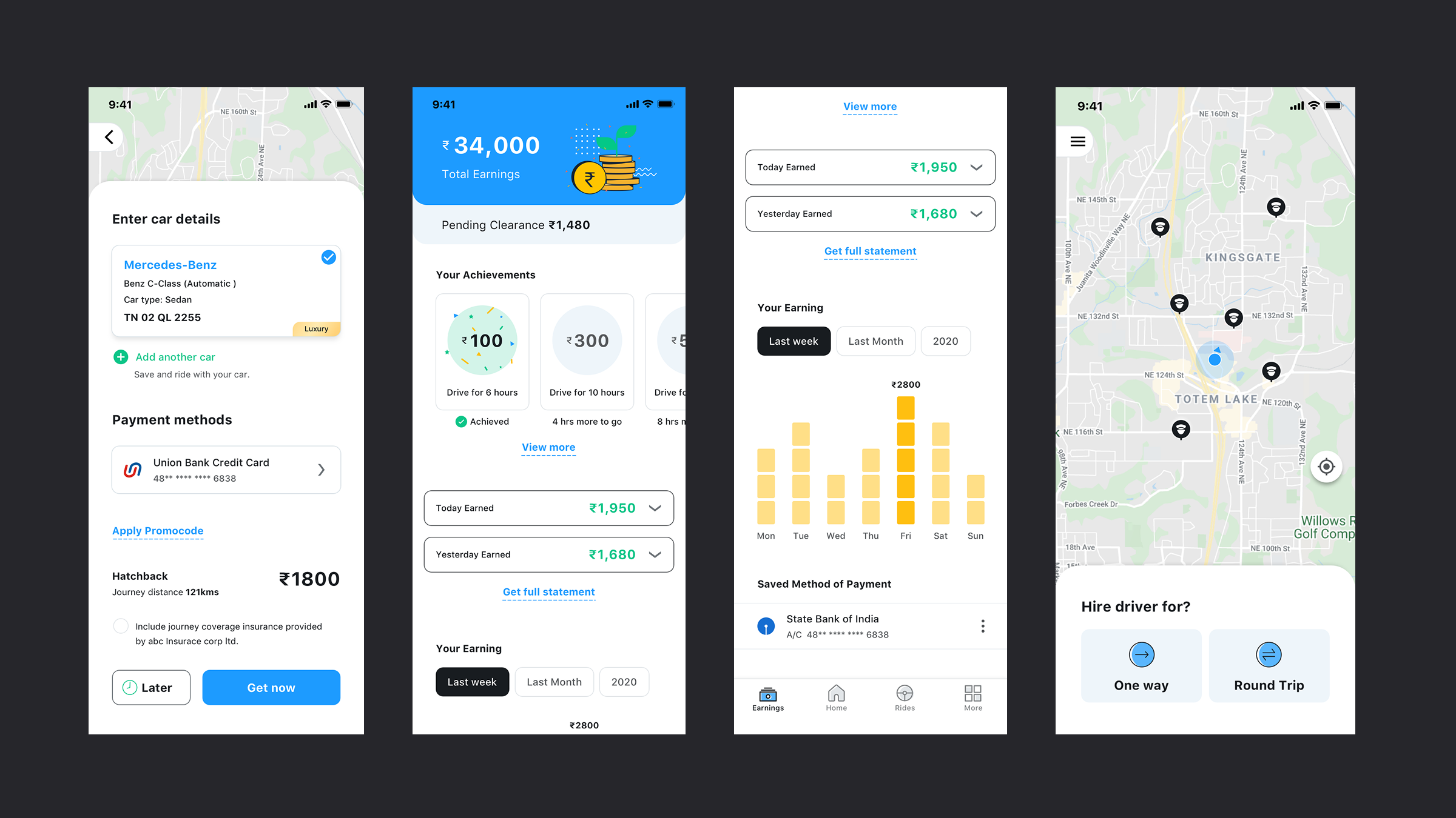DriverIn car details, earnings dashboard, weekly earning chart, and hire driver map screens