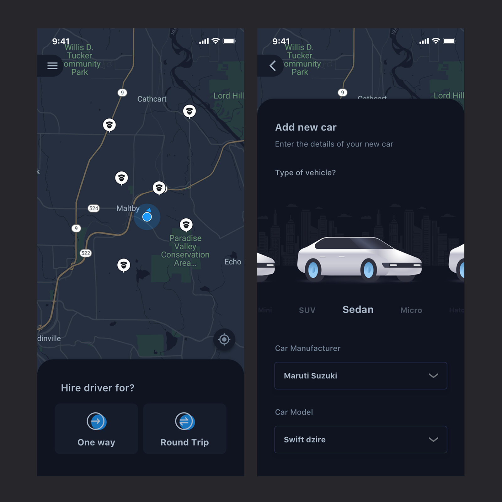 DriverIn dark mode screens — nearby drivers map and add new car form