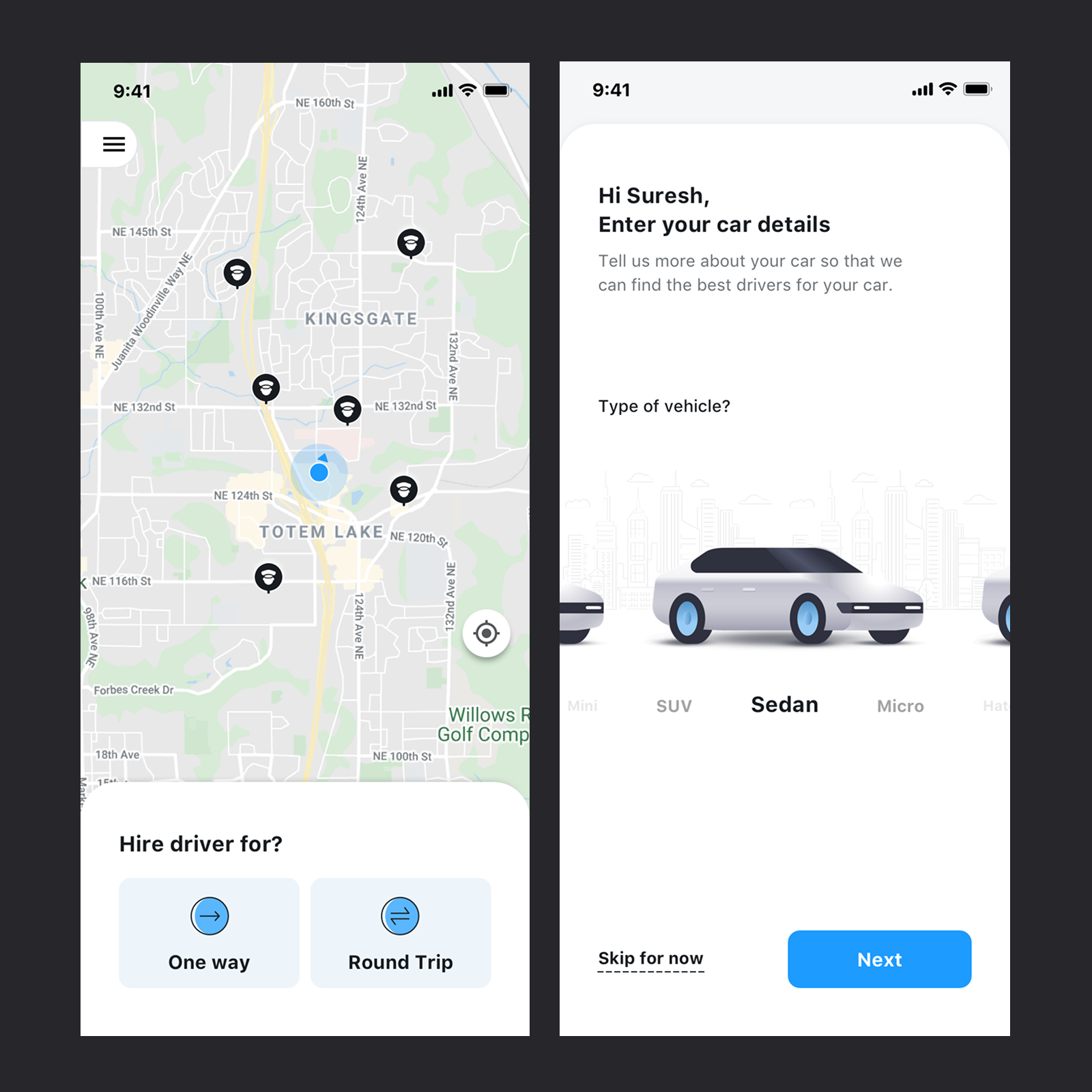 DriverIn light mode screens — nearby drivers map and car details entry