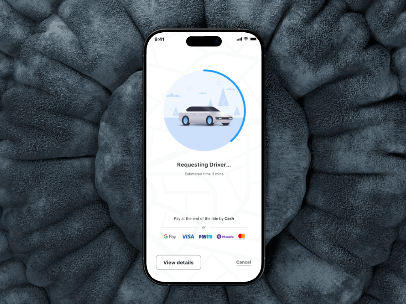 DriverIn requesting driver screen with estimated time and payment options