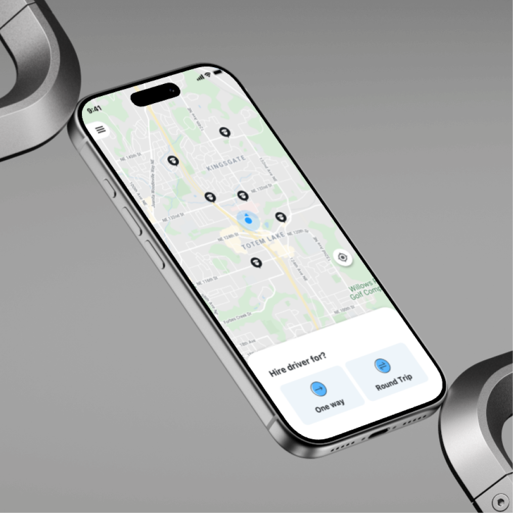 DriverIn map screen with nearby drivers and one way or round trip hiring options