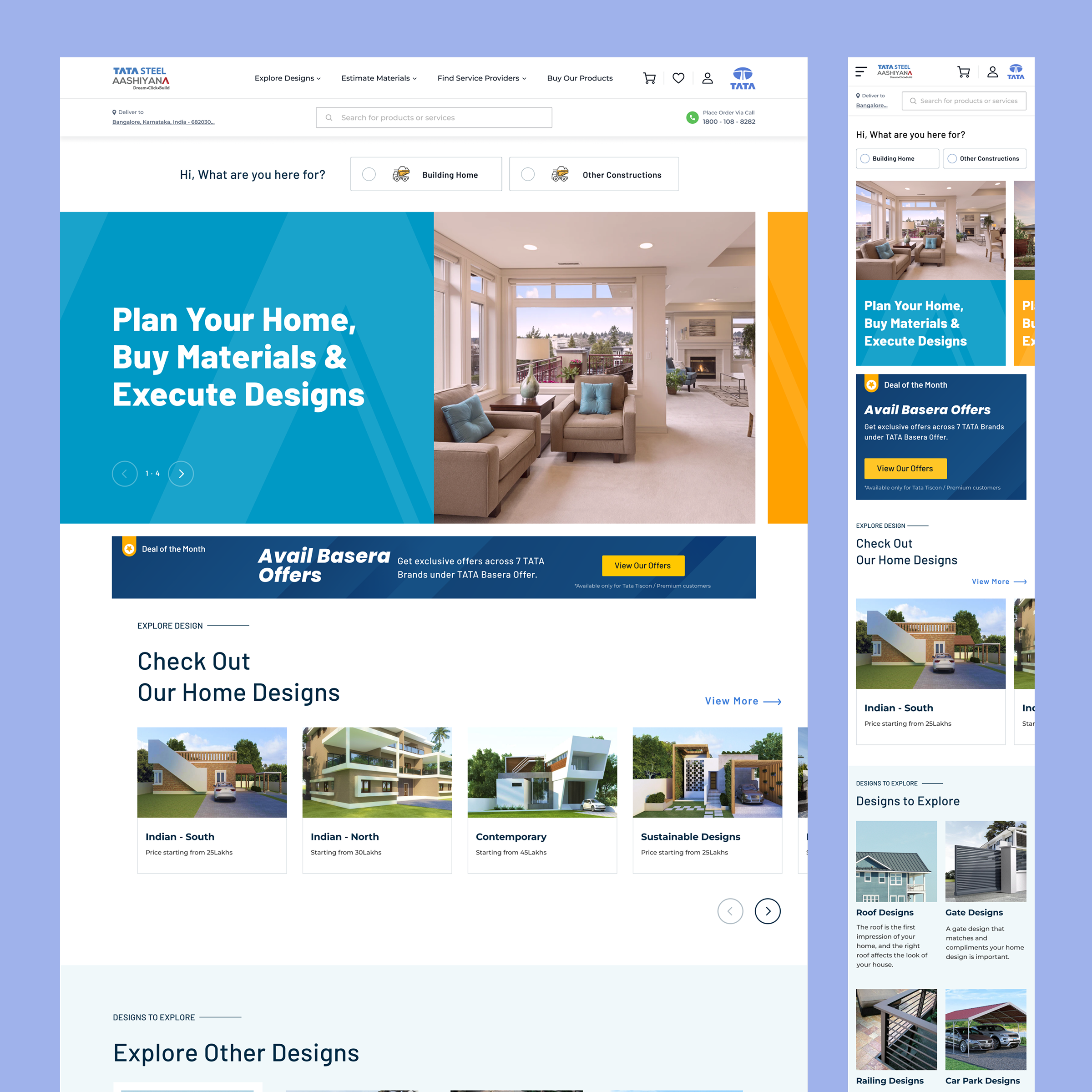 TATA STEEL Aashiyana homepage shown across desktop and mobile breakpoints