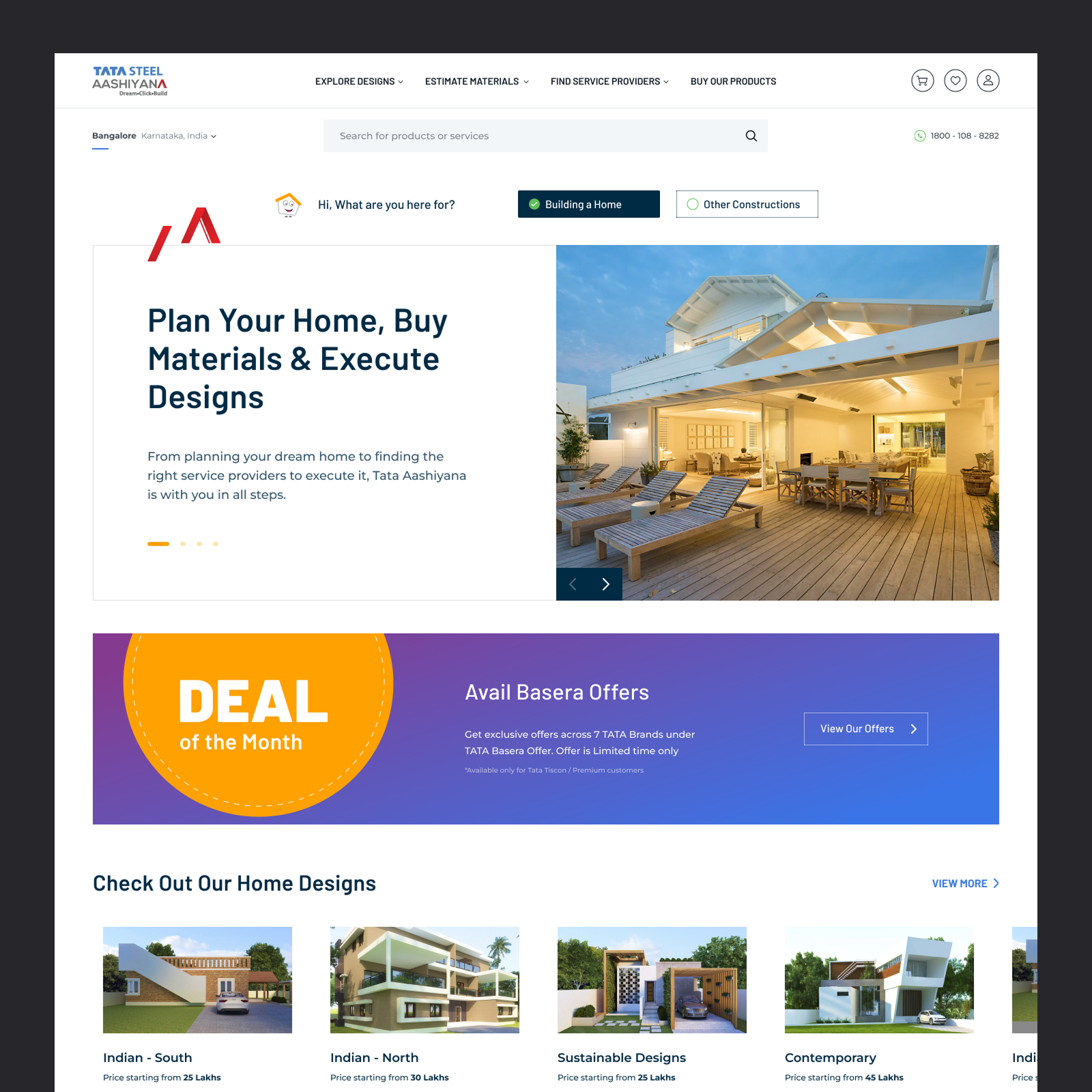 TATA STEEL Aashiyana homepage exploration — full-bleed lifestyle imagery with plan your home messaging
